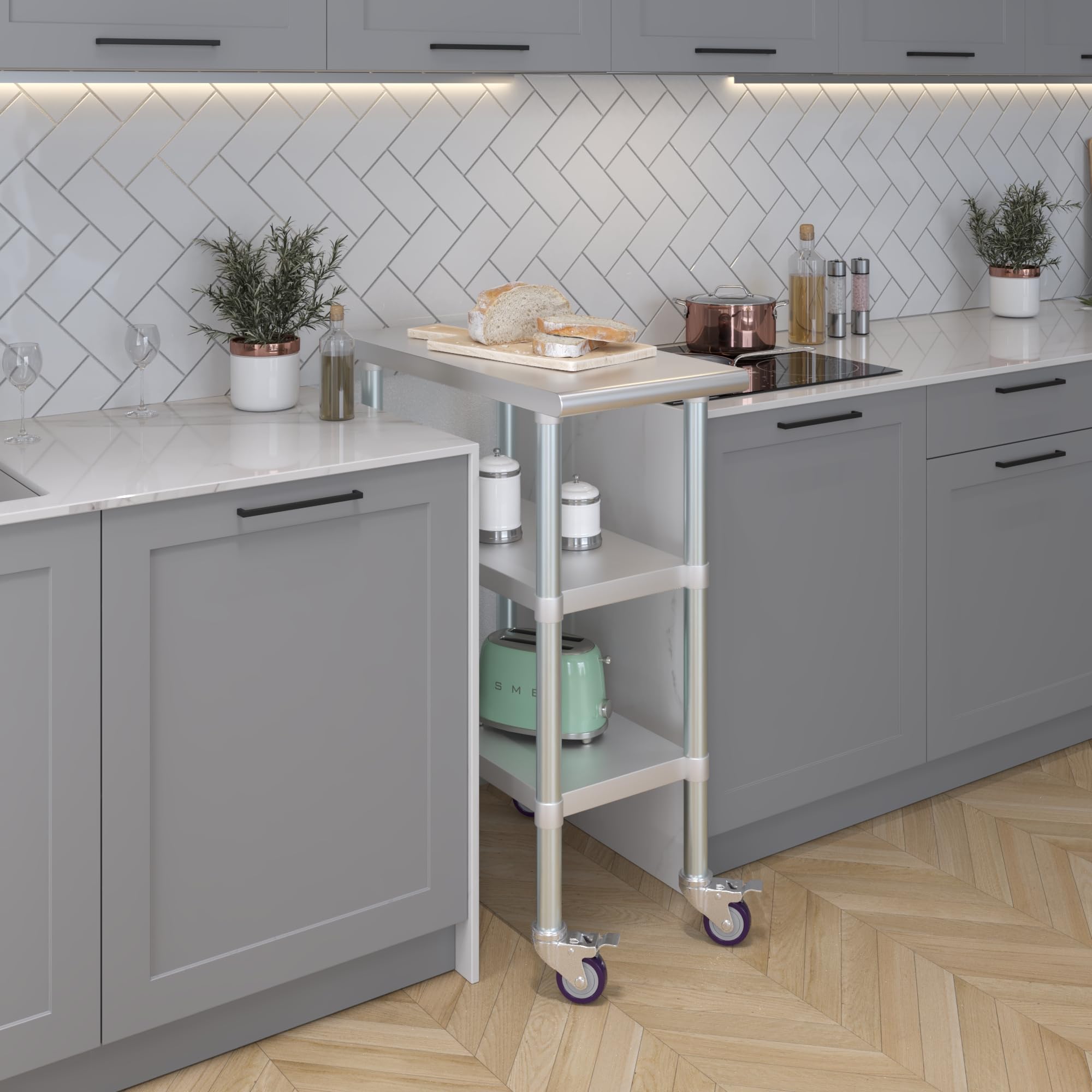 AmGood Stainless Steel Work Table with 2 Shelves & Wheels - 15x30 Inch Heavy Duty Metal Utility Table for Kitchen, Restaurant, or Garage | Commercial-Grade Rolling Workstation with Casters