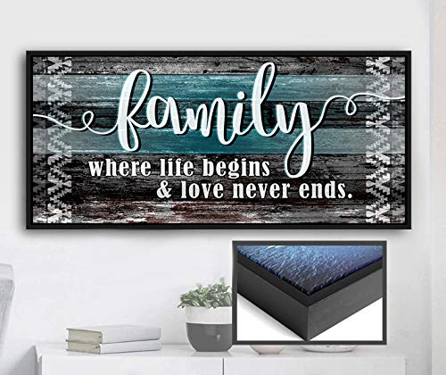 Farmhouse Family Sign Wall Decor - 'Family Where Life Begins' Rustic Hanging Art with Teal & Black Floating Frame (42x19) - Perfect for Living Room, Bedroom or Entryway Home Decor