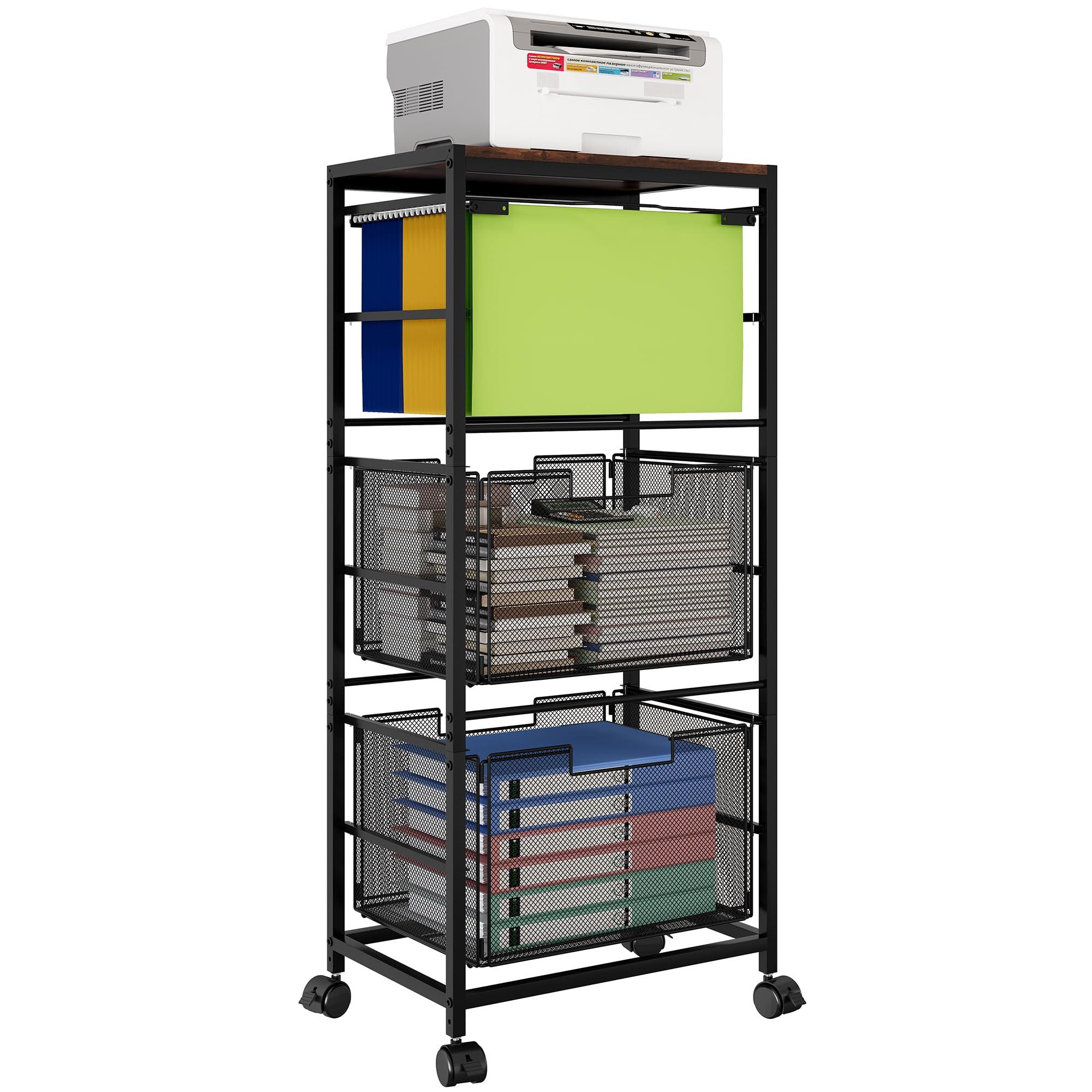 TQVAI Rolling File Cart with Wheels - Letter & Legal Size Hanging File Organizer, Mobile Storage Cart with 2 Drawers + 1 Folder Holder for Home Office, Classroom, or Office Organization - Black | Perfect for Document Storage, Teacher Supplies, and Office Filing Systems