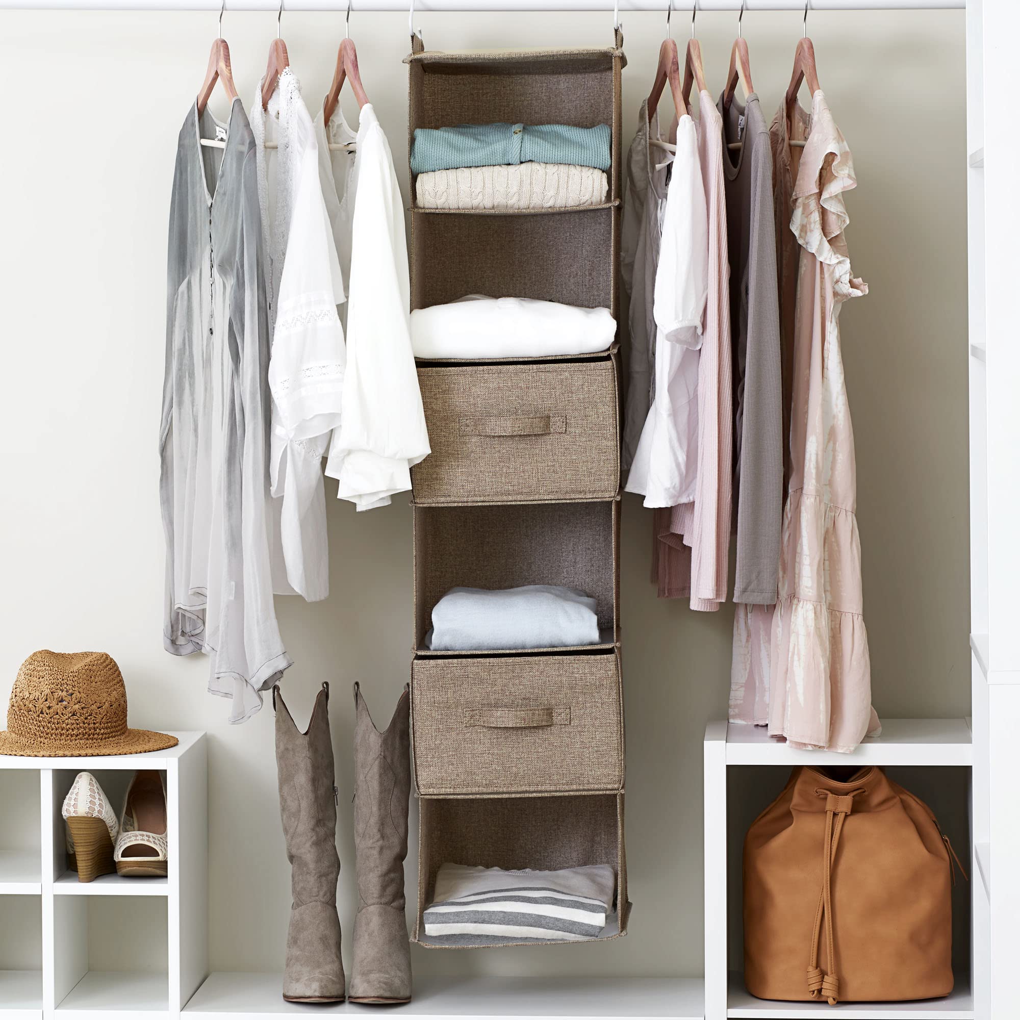 6-Shelf Hanging Closet Organizer with Hooks - Space Saving Storage for Bedroom, Bathroom & Laundry Room - Perfect for Organizing Clothes, Shoes & Household Essentials
