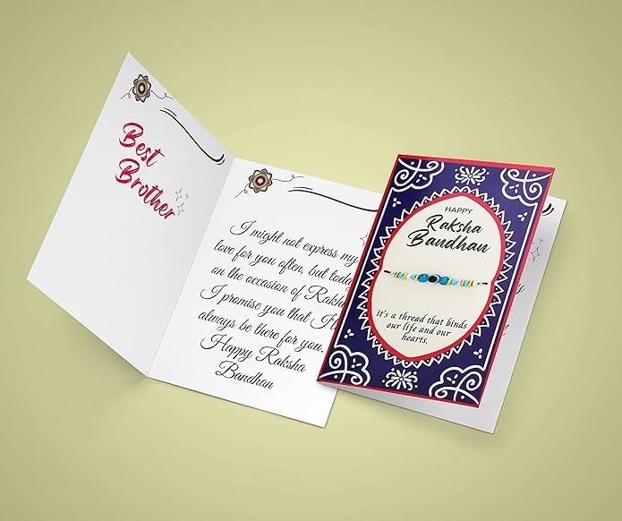 Khillayox Rakhi for Brother with Greeting Card Gift Set - Pack of 4 | Traditional Raksha Bandhan Bracelet with Roli Chawal | Perfect Brother/Bhaiyya/Bhai Gift for Rakhi Festival Celebrations