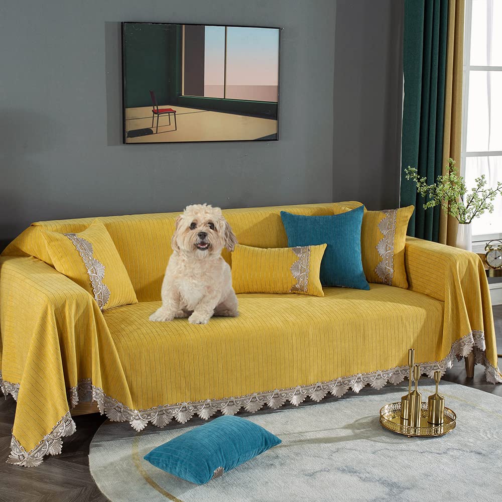 DREAMINGO Pet Protector Couch Cover for Dogs - Yellow Striped Washable Chenille Sofa Slipcover (71
