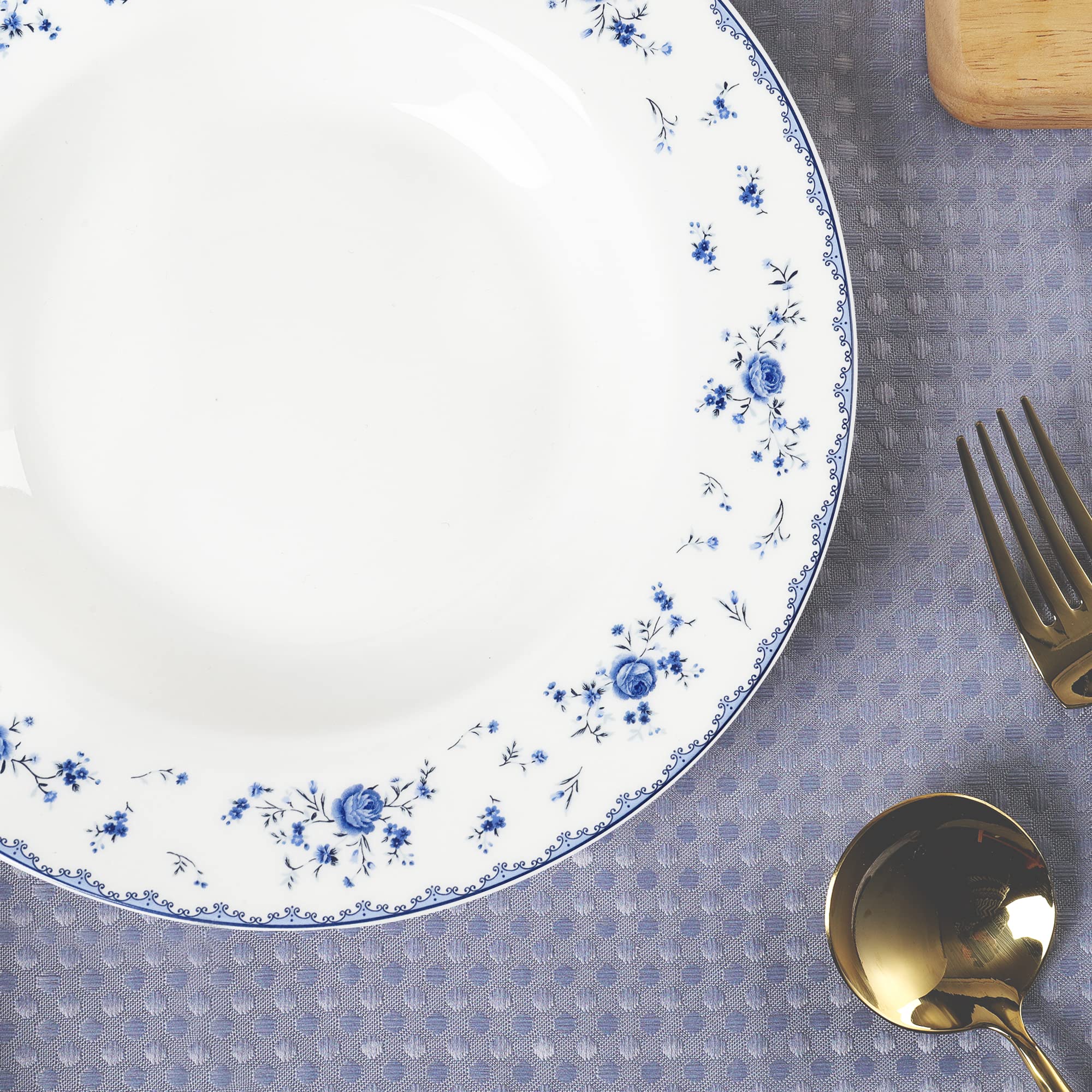 Fanquare 8 Inch Porcelain Soup Bowls Set of 4 - Round Pasta Plates for Salad, Dessert, Snack - Blue Roses Design - Perfect for Dining, Entertaining & Everyday Use