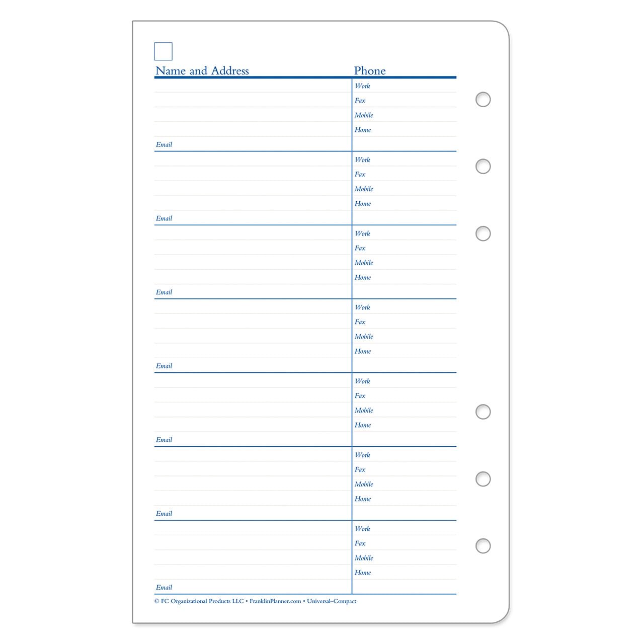 FranklinCovey Compact Address & Phone Pages - Planner Refill Organizer for Contacts - Perfect for Business Professionals, Students & Daily Planning