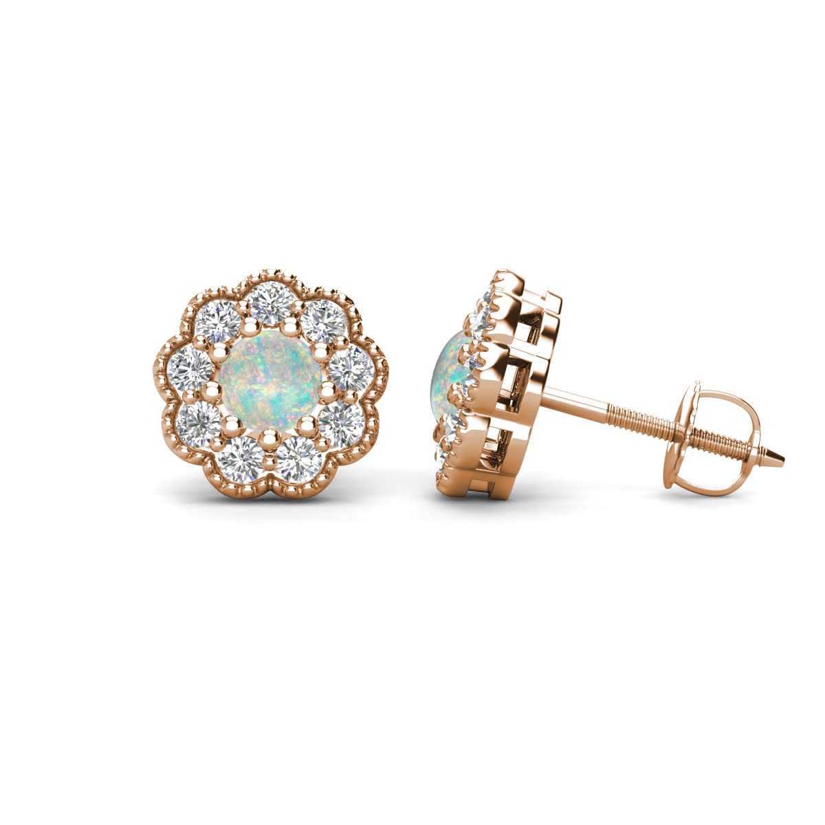 14K Gold Round Opal & Lab-Grown Diamond Halo Stud Earrings for Women - 7/8 ctw Milgrain Prong Setting | Perfect for Weddings, Anniversaries & Special Occasions