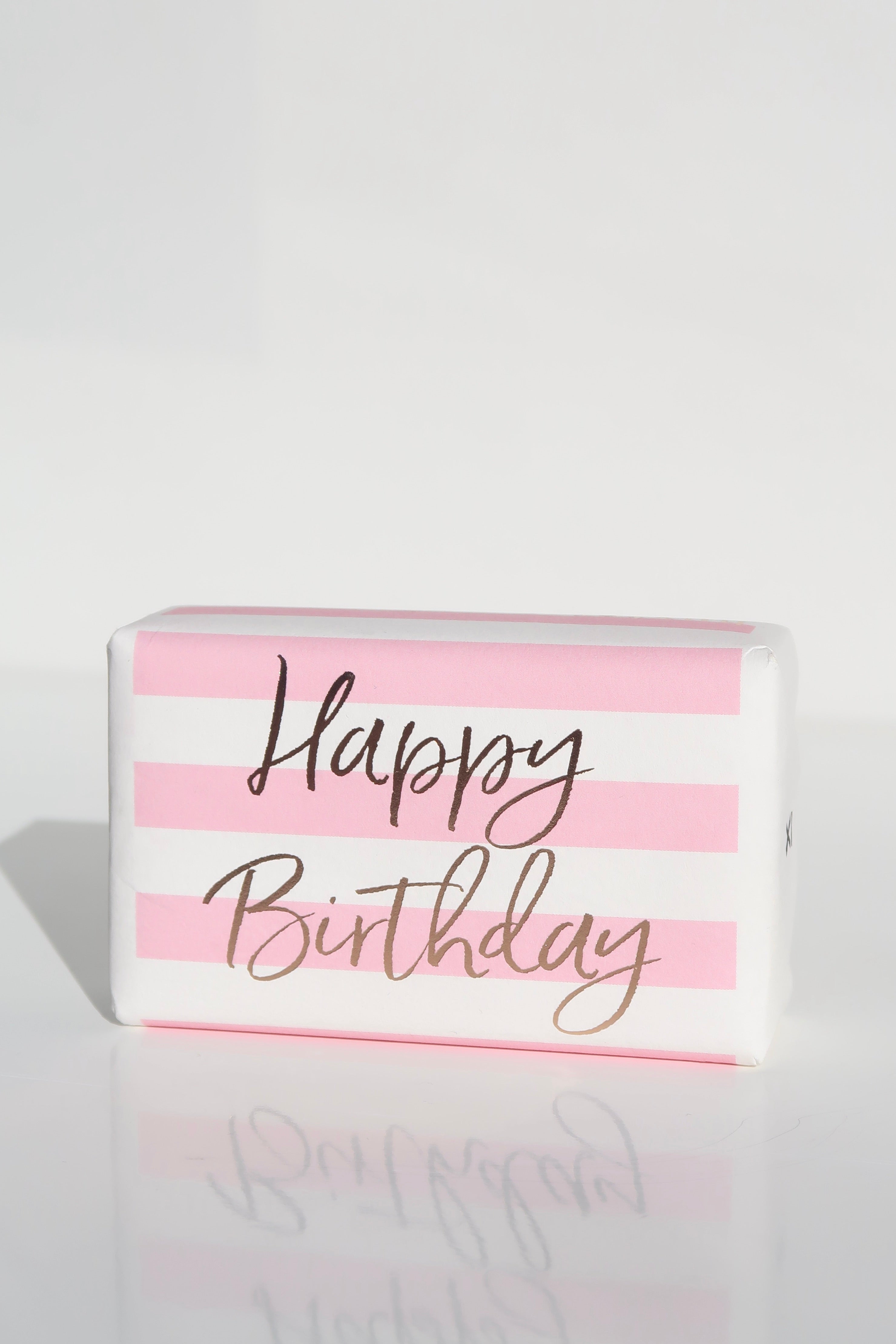 Happy Birthday Pink White Stripe Gold Script Soap - Elegant Handmade Soap for Birthday Gifts, Party Favors & Special Occasions