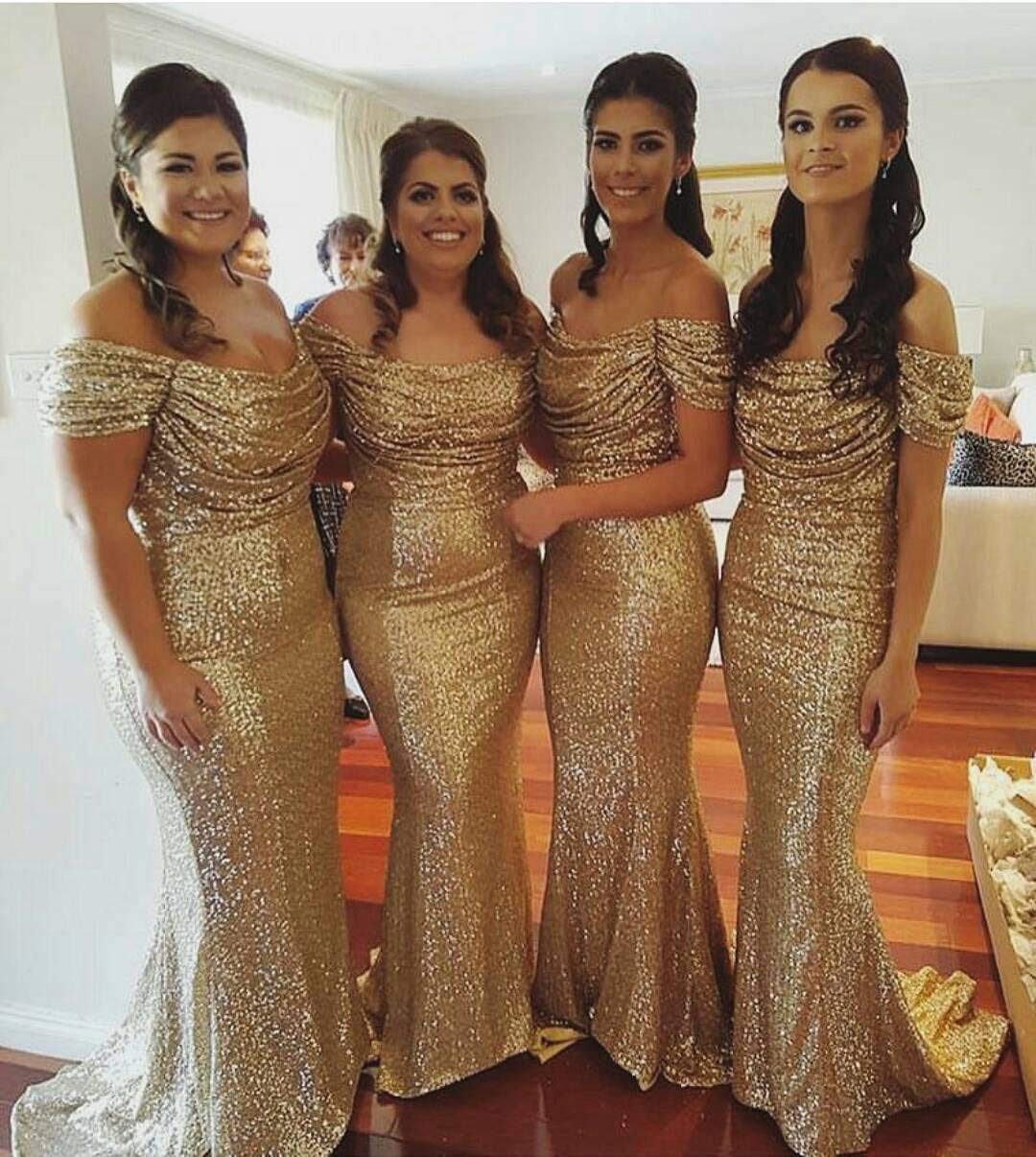 Elegant Gold Sequin Off-the-Shoulder Mermaid Bridesmaid Dresses for Wedding Party, Prom, and Formal Occasions