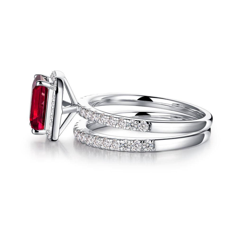 2 CT. Emerald Cut Lab Grown Ruby Engagement Ring & Wedding Band Set for Women - Perfect for Proposals, Anniversaries & Bridal Jewelry Gifts