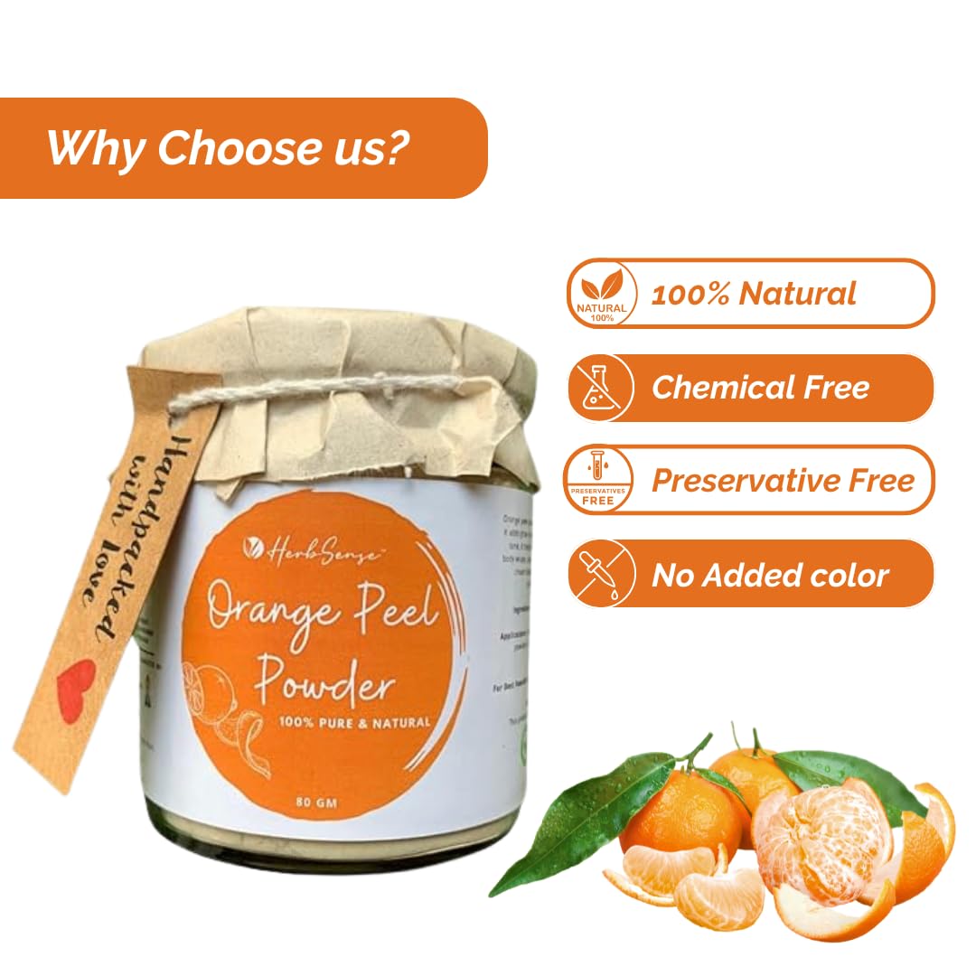 Herbsense 100% Natural Orange Peel Powder for Glowing Skin - Tan Removal, Sunburn Relief, Acne Scar Treatment & Oil Control | Chemical-Free Face Mask & Face Pack in Glass Jar (80g) | Perfect for Daily Skincare Routine & Spa Treatments