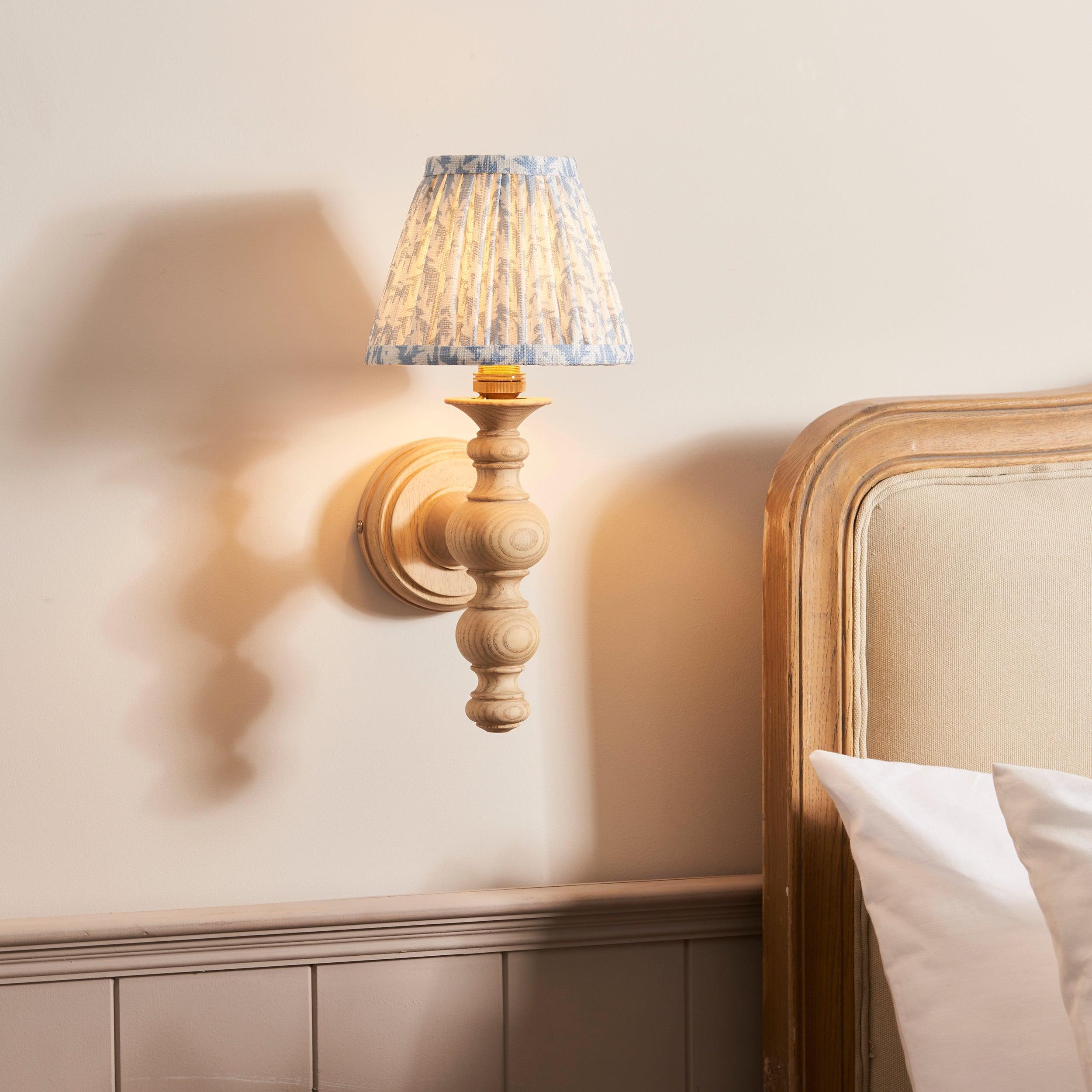 Bibury 16cm Wooden Wall Light with Leaf Design & Shell Bay Blue Shade - Perfect for Bedroom, Living Room, and Hallway Decor