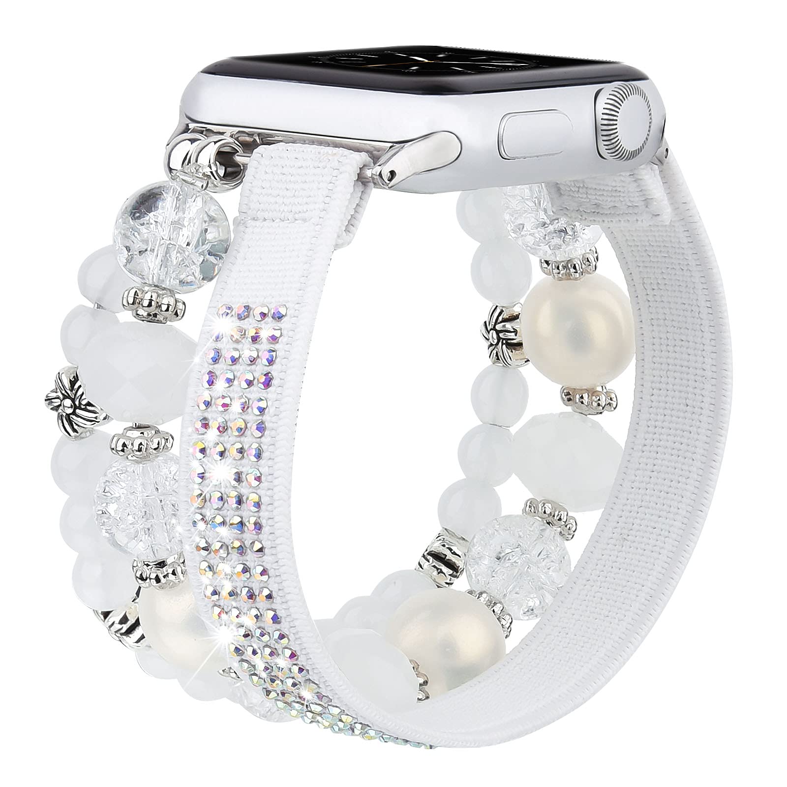 Sparkling Beaded Bracelet Compatible with Apple Watch Band 41mm 38mm 40mm - Stylish Elastic Strap for iWatch Series 9/8/7/6/5/4/3/2/1/SE - Elegant Bling Charm Accessory for Women (Pure White) | Perfect for Parties, Weddings & Everyday Fashion