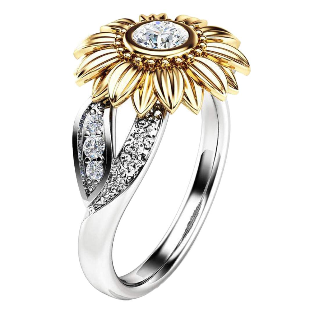 Sterling Silver Sunflower Promise Ring for Women - Floral Diamond Engagement Band, Dainty Statement Jewelry for Anniversary, Wedding, Gift Giving