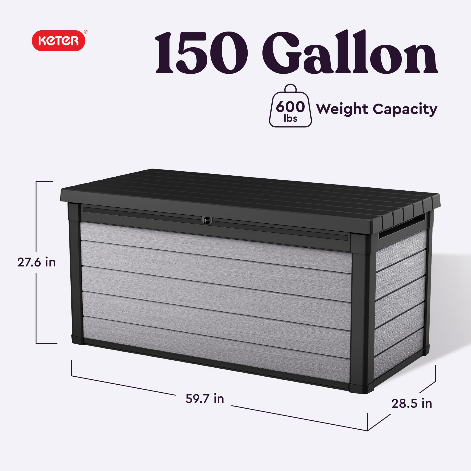 Keter Denali 150 Gallon Resin Deck Box - Large Outdoor Storage Container with Double Wall 20mm Panels, Paintable & Drillable - Perfect for Patio Furniture Cushions, Garden Tools, Pool Toys & Backyard Organization (Grey & Black)