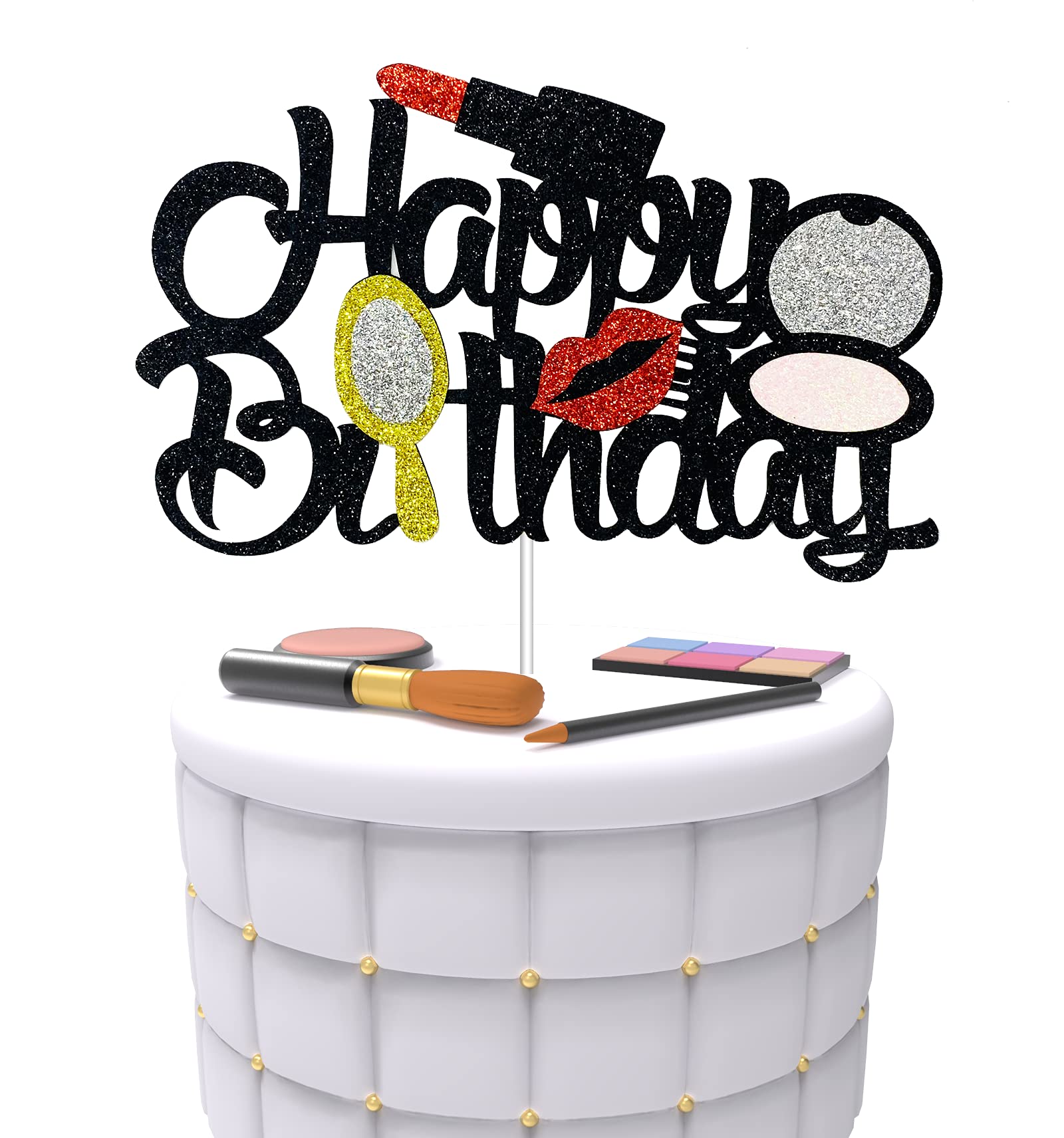 Black Glitter Cosmetic Cake Topper for Birthday, Bachelorette & Bridal Shower Parties | Makeup-Themed Cake Decorations | Perfect for Girls' Birthday, Cosmetic Lovers & Themed Celebrations