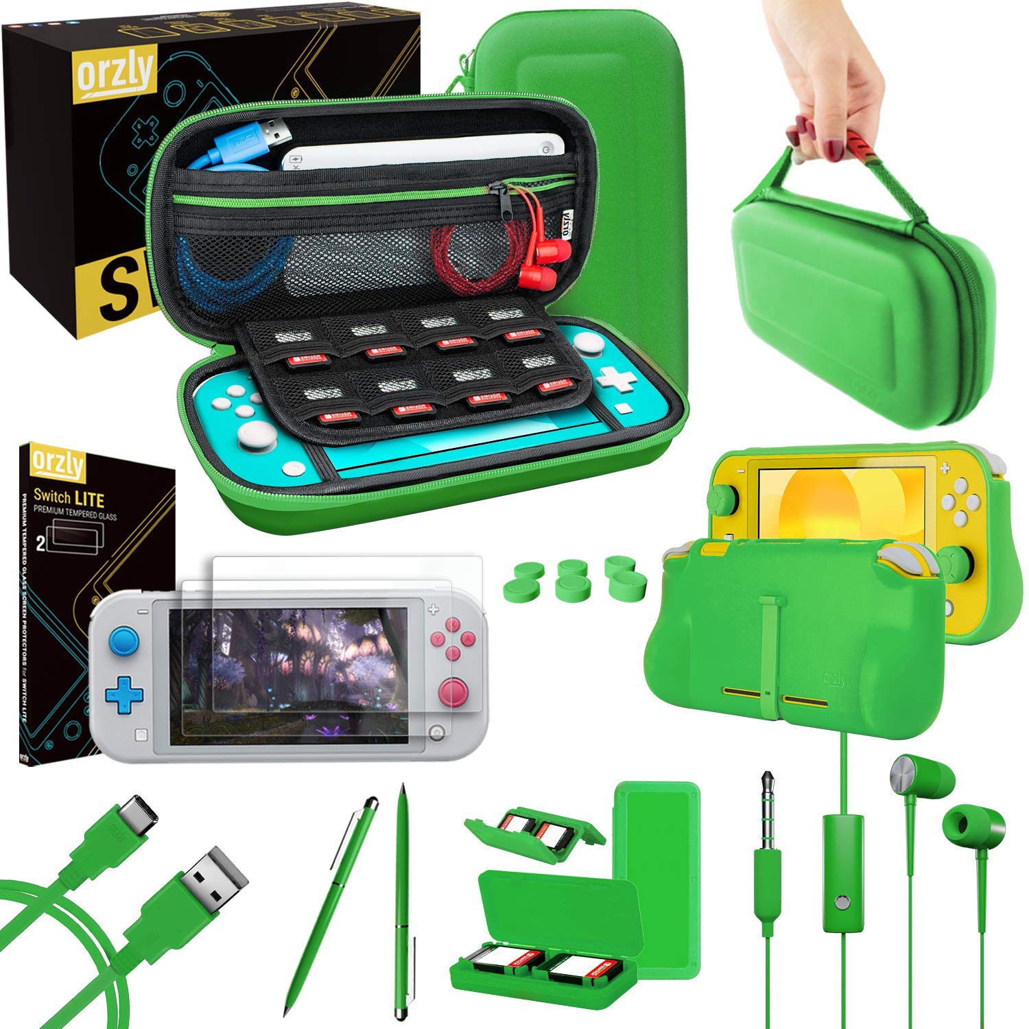 Orzly Nintendo Switch Lite Accessories Bundle - Protective Case, Screen Protector, USB Charging Cable, Game Card Holder, Comfort Grip, Headphones & Thumb Grips for Enhanced Gaming Experience - Green - Perfect for Travel, Home Entertainment & On-the-Go Gaming