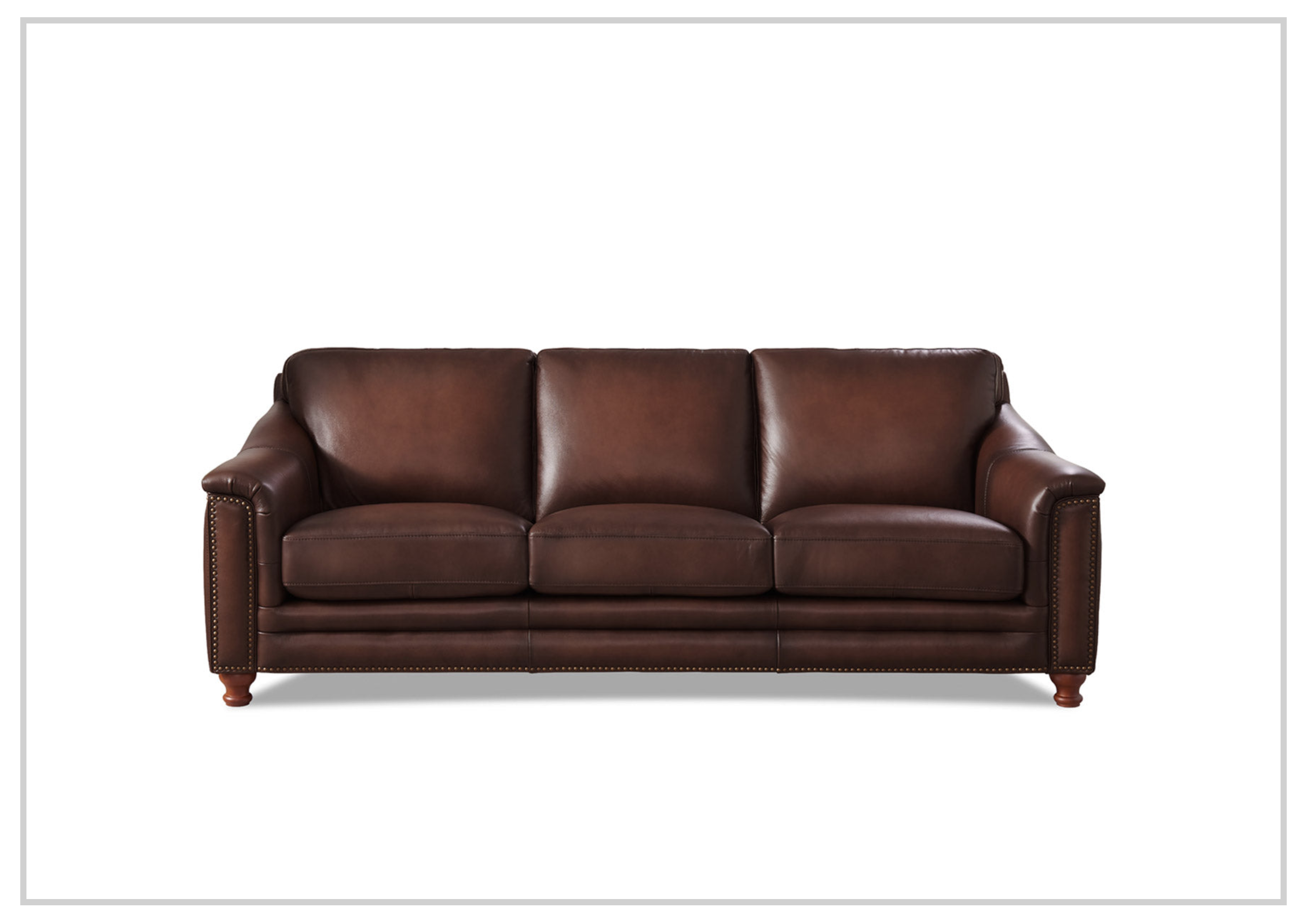 Hydeline Belfast Brown Premium Leather 3-Seater Sofa with Nailhead Trim - Luxurious Living Room Furniture for Home & Office Decor