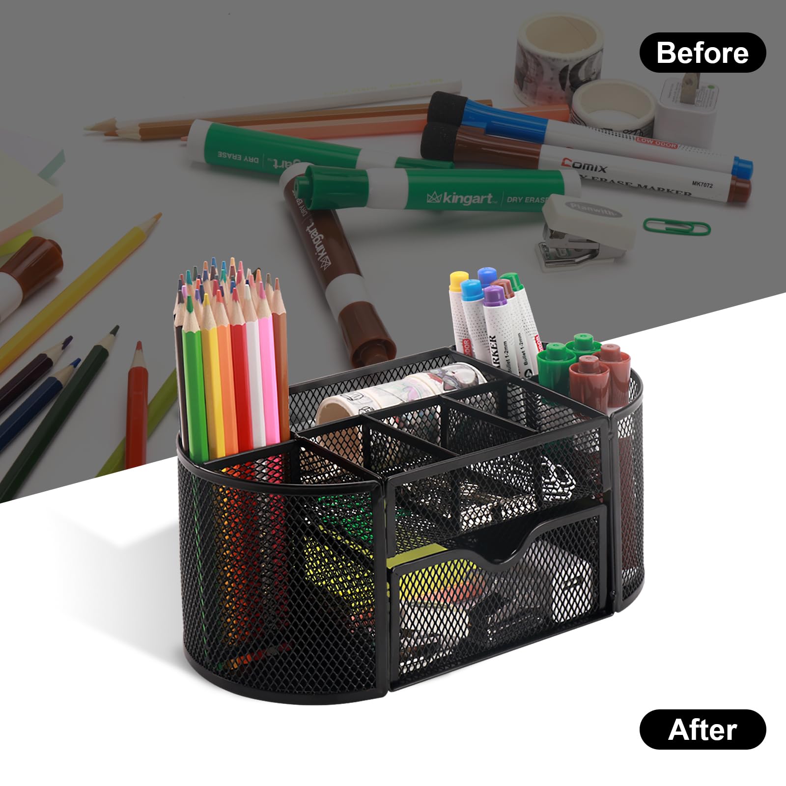 Comix Mesh Pen Pencil Holder Desk Organizer - 8 Compartment & 1 Drawer Wire Desktop Organizer for Office Supplies, Home, School - Black | Perfect for Organizing Pens, Pencils, Markers & Stationery on Your Desk or Workspace