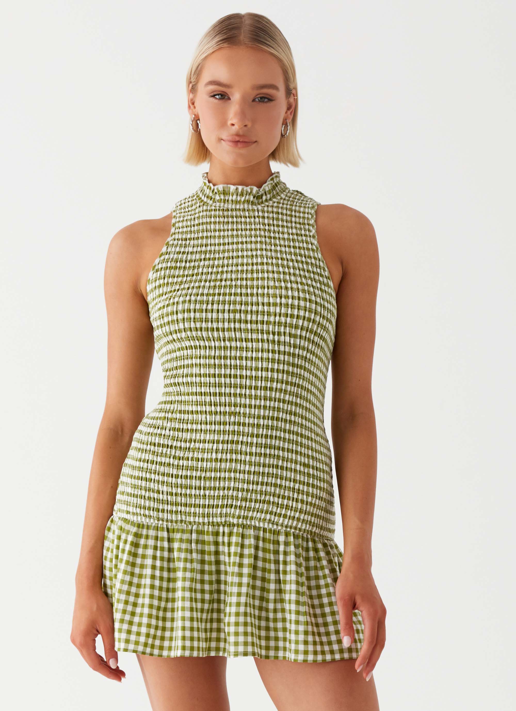 Cassie Shirred Mini Dress - Khaki Gingham Checkered Summer Dress for Women | Casual & Beach Wear | Perfect for Picnics, Dates, and Vacation Outfits