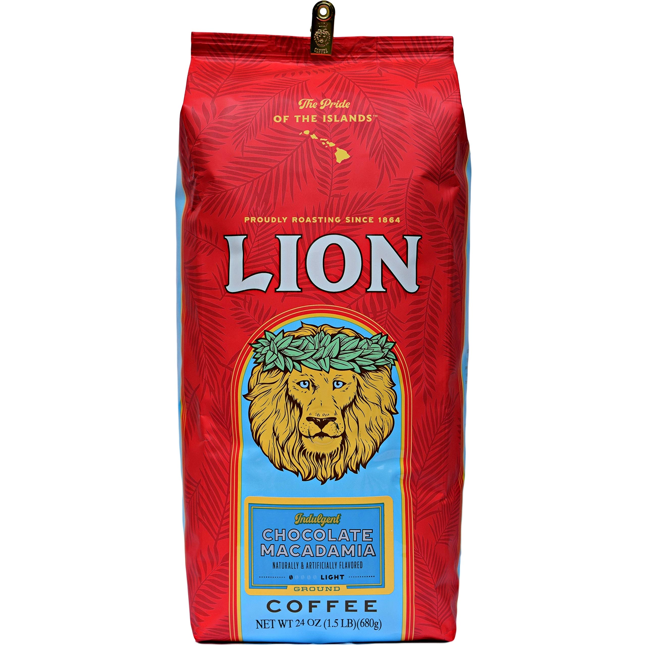 Premium Lion Coffee Chocolate Macadamia Flavored Ground Coffee - Light Roast Hawaiian Blend, 24oz Bag for Rich Aroma & Smooth Taste - Perfect for Morning Brew, Office Break or After-Dinner Dessert Pairing
