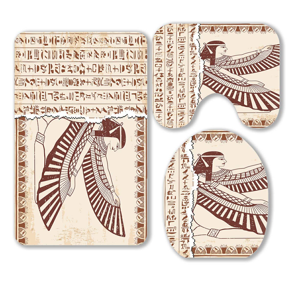 Egyptian Goddess Isis Hieroglyphic Bathroom Rug Set - 3 Piece Non-Slip Bath Mat, Contour Mat & Toilet Cover with Ancient Egyptian Design for Luxury Bath Decor | Perfect for Egyptian-Themed Bathrooms, Spa Retreats & Cultural Home Decor