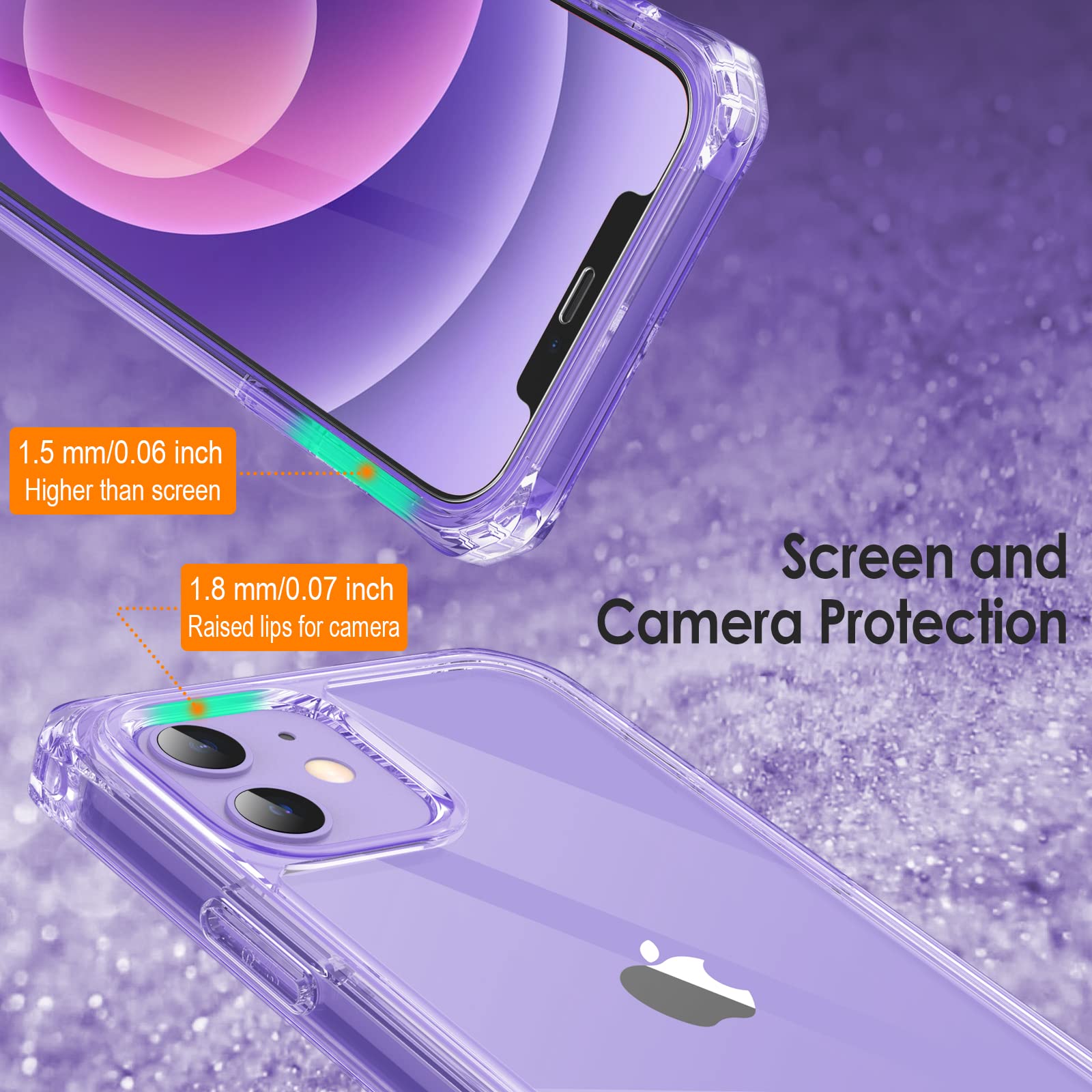 JETech Shockproof Case for iPhone 12/12 Pro 6.1-Inch with 2-Pack Tempered Glass Screen Protector - 360 Full Body Protection, Clear Back Bumper Phone Cover (Purple) | Perfect for Outdoor Activities, Work & Daily Use