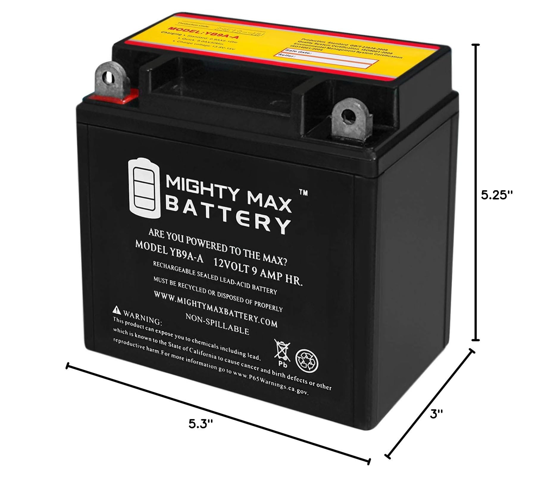 Mighty Max YB9A-A 12V 9AH 130CCA Sealed Lead Acid Battery - Replacement for BikeMaster HB9A-A, Compatible with Motorcycles, ATVs, Scooters & Power Sports - Perfect for Off-Road Adventures & Long Rides