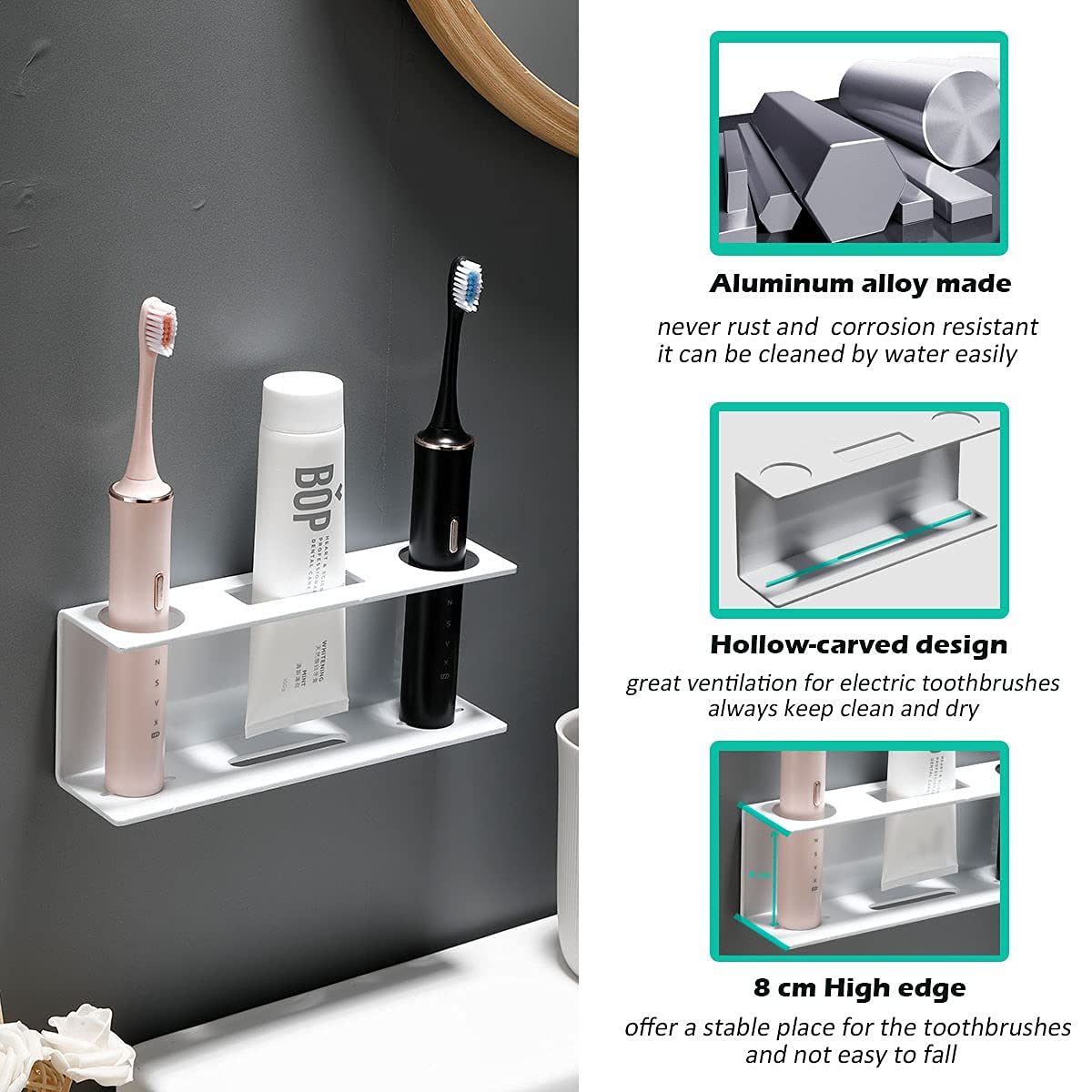 Wall Mounted Electric Toothbrush Holder for 2 - No Drill Adhesive Bathroom Organizer, Black (2 Pack) | Perfect for Couples & Small Bathroom Spaces