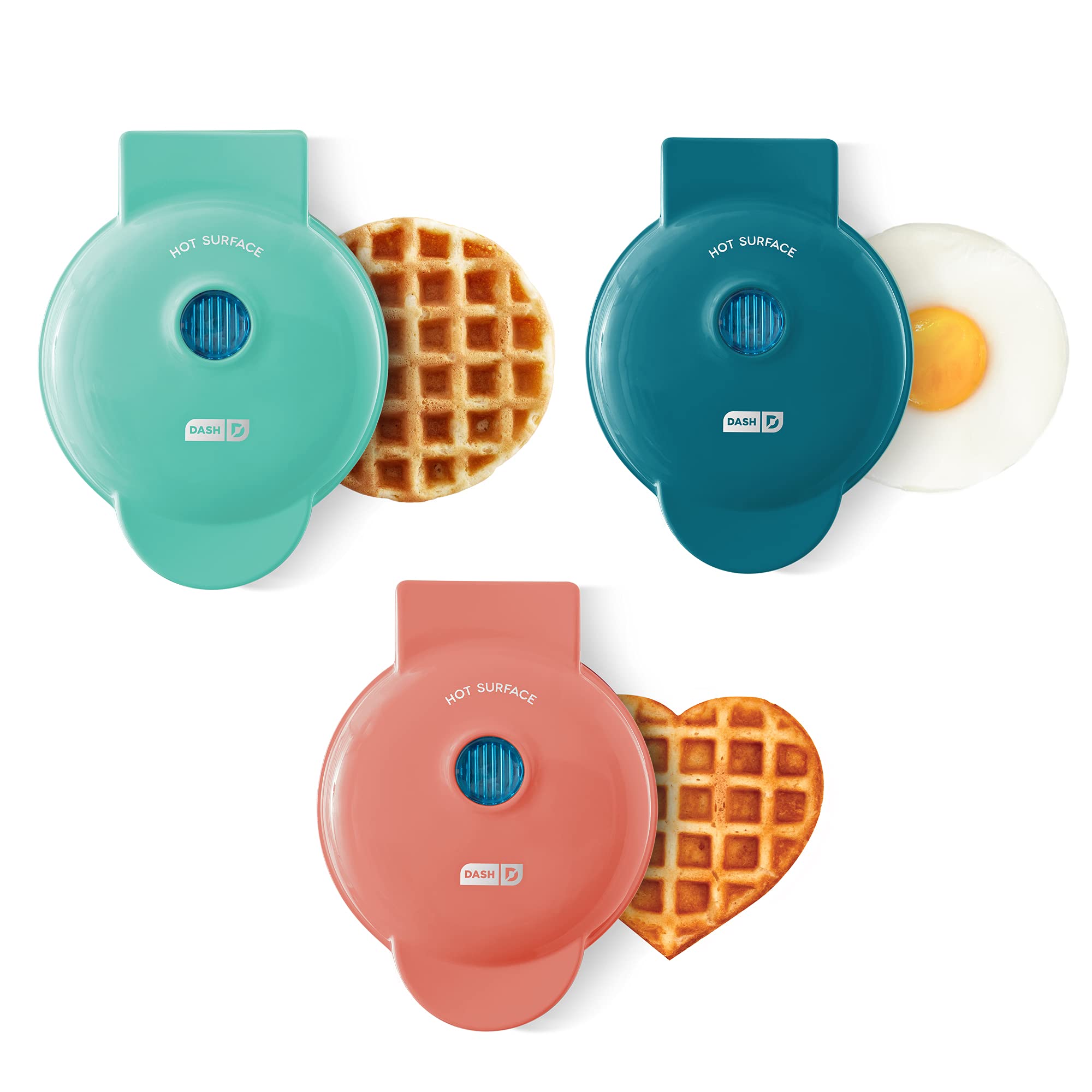 DASH Mini Waffle Maker 3-Pack Gift Set - Mini Round Waffle Iron, Heart Waffle Maker & Mini Griddle for Pancakes - Perfect for Breakfast, Desserts & Kids Snacks - Compact Kitchen Appliances for Small Spaces