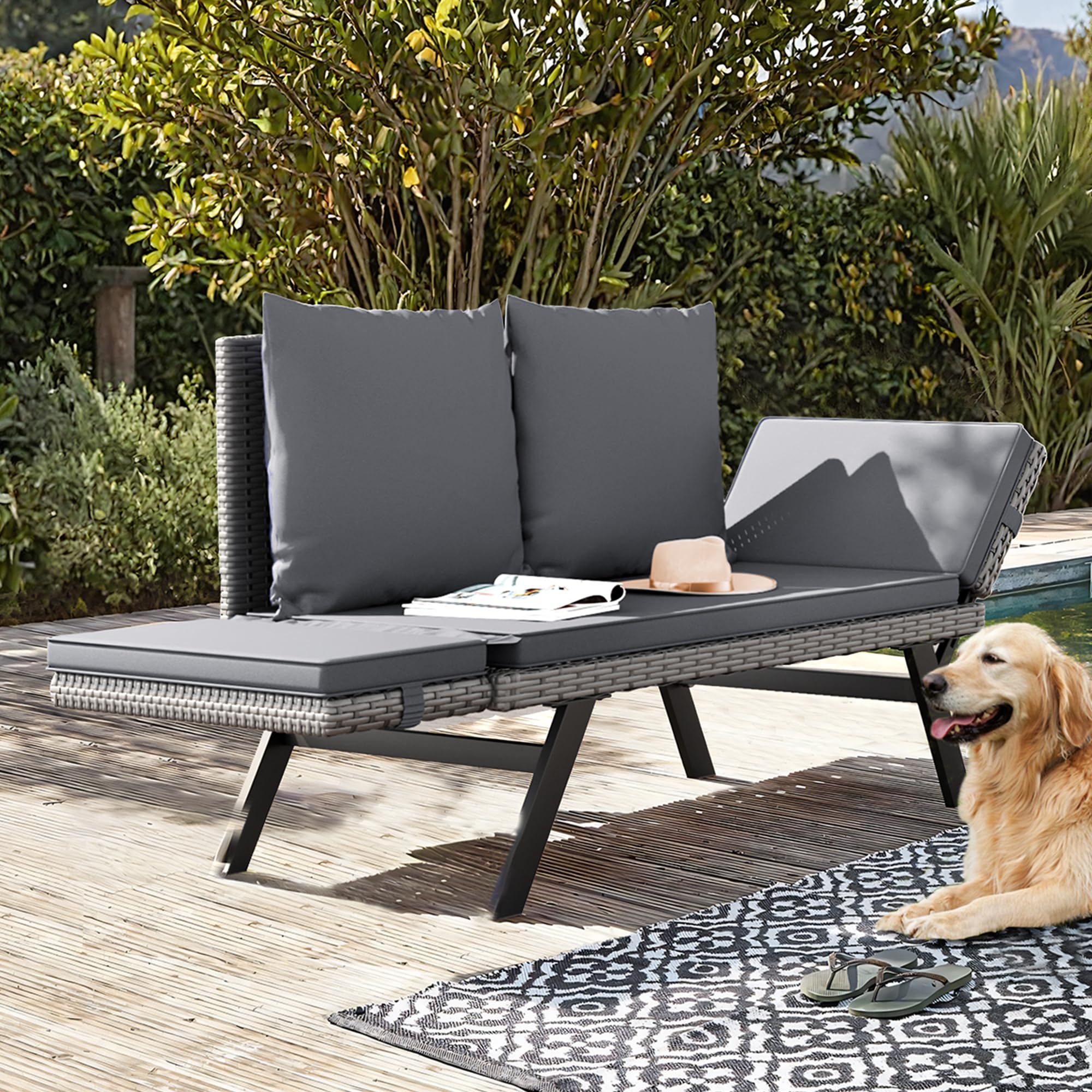 Flamaker Outdoor Convertible Sofa - Woven Rattan Patio Furniture Sunbed with Adjustable Armrests, Removable Cushions & Pillows - Perfect for Patio, Porch, Poolside Lounging (Grey Lounger & Grey Pillowcase) | Outdoor Relaxation, Backyard Decor, Sunbathing Furniture