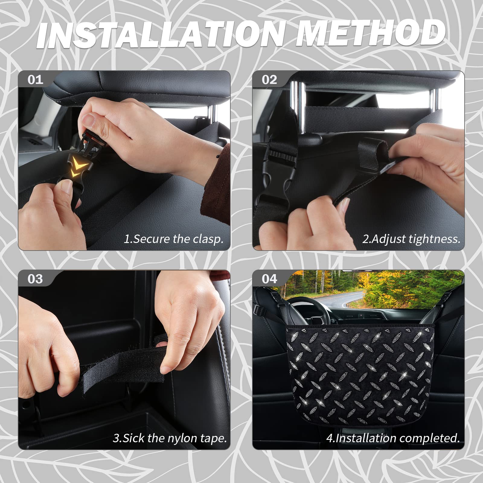 Crystal Car Organizer & Storage Purse Holder with Bling Diamonds - White Seat Back Net Handbag Accessories for Women, Pet Barrier for Dogs & Kids - Perfect for Road Trips & Daily Commutes