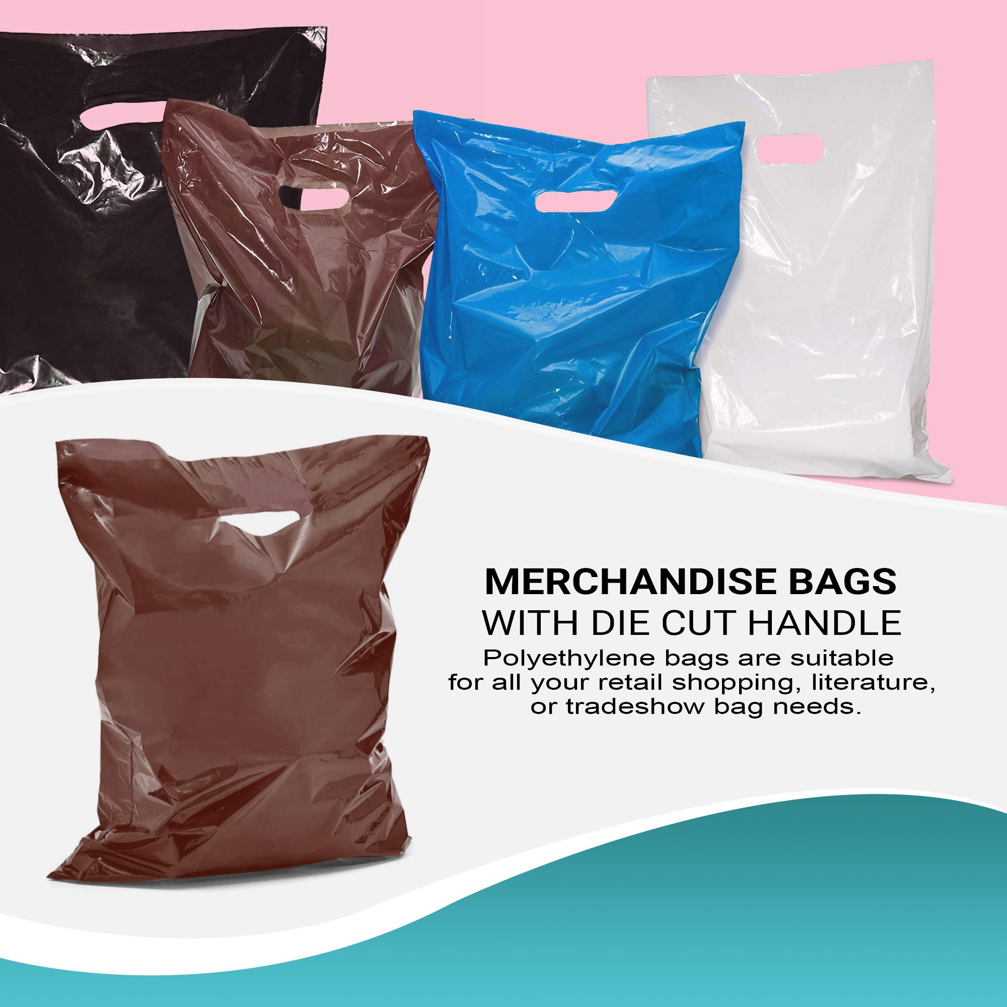 APQ 1000 Pack Brown Shopping Bags with Die-Cut Handles 12x15 Inches - 1 Mil Thickness Lightweight LDPE Retail Plastic Bags for Grocery, Boutique & Gift Packaging | Eco-Friendly & Durable