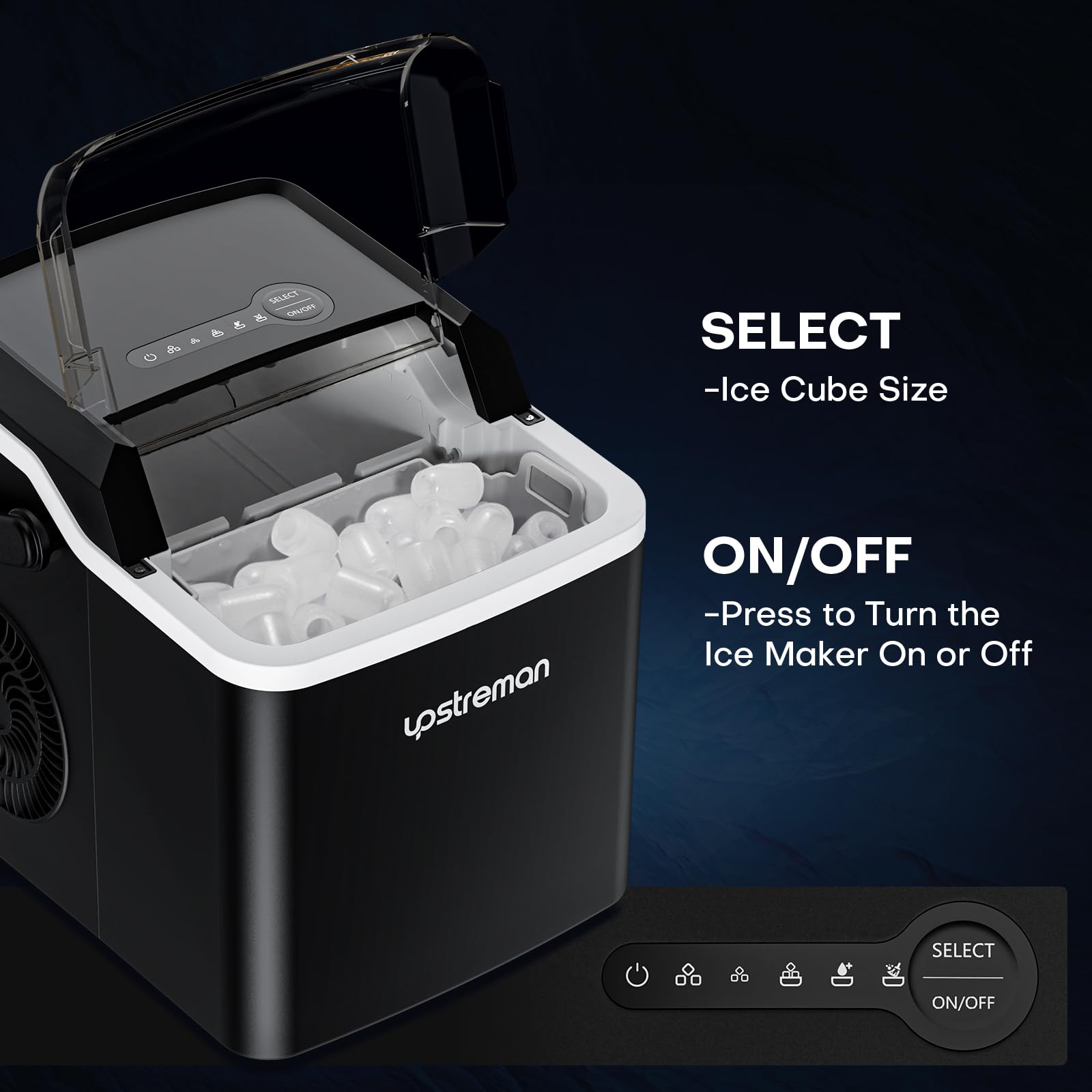 Upstreman Y90 Portable Countertop Ice Maker Machine - Self-Cleaning, 26Lbs/Day Capacity, Makes 9 Bullet Ice Cubes in 6 Minutes - Perfect for Home Kitchen, Office, RV, Camping & Outdoor Parties
