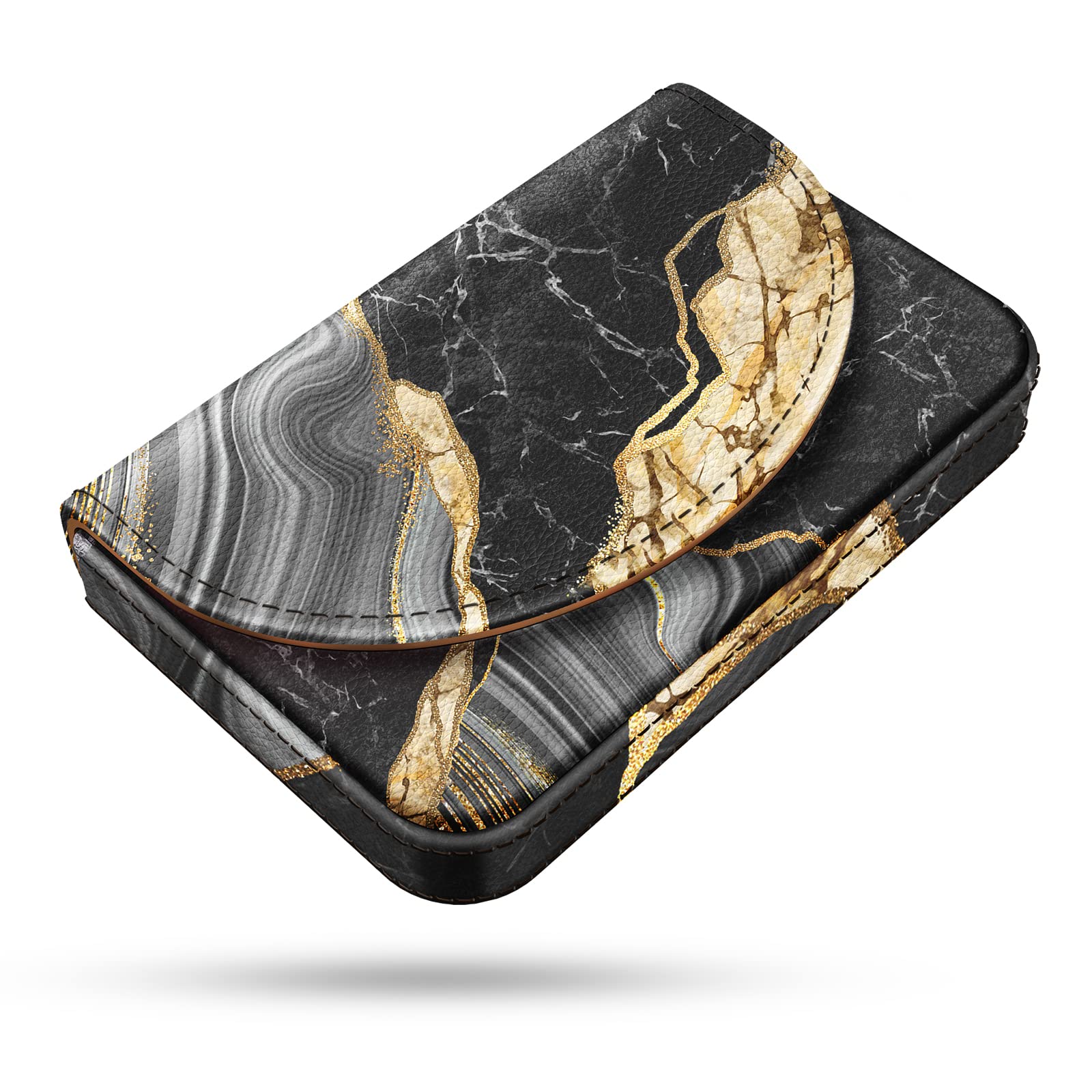 Premium PU Leather Business Card Holder with Color Printing & Magnetic Closure - Stylish Black Marble Design Card Case Wallet for Men & Women - Perfect for Office Meetings, Networking Events & Professional Gatherings