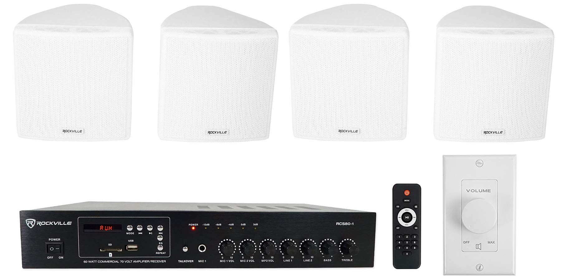 Rockville Commercial Restaurant Amplifier with 4 White 3.5