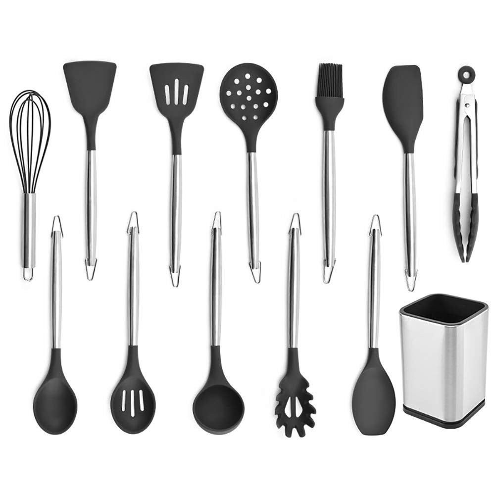 Premium 13-Piece Stainless Steel Silicone Spatula Set - Heat Resistant Kitchen Utensils with Colander - Gray Cooking Tools for Baking, Flipping & Mixing - Ideal for Non-Stick Pans & Everyday Cooking