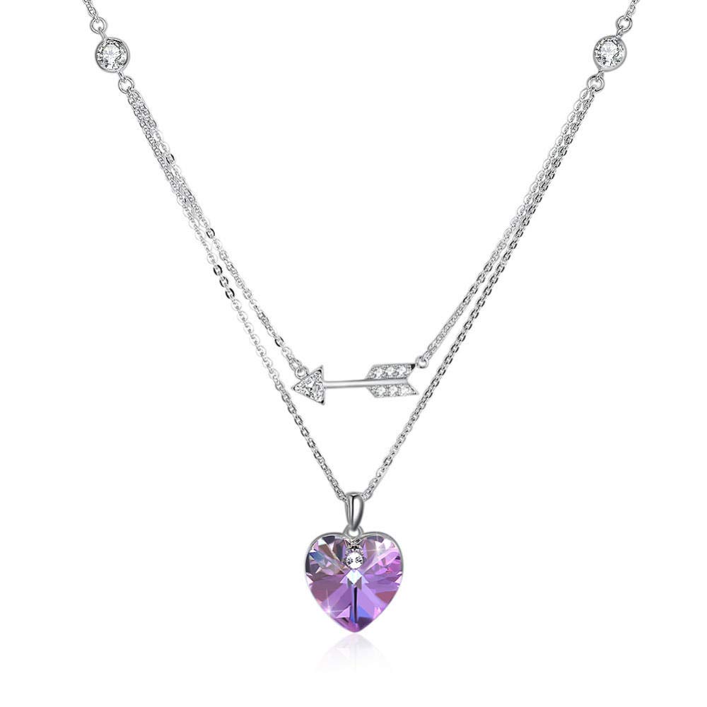 Handmade S925 Sterling Silver Necklace for Women - Simple Delicate Heart Pendant with Blue Crystal & Amethyst Purple Gemstone | Elegant Jewelry Gift for Anniversary, Birthday & Special Occasions