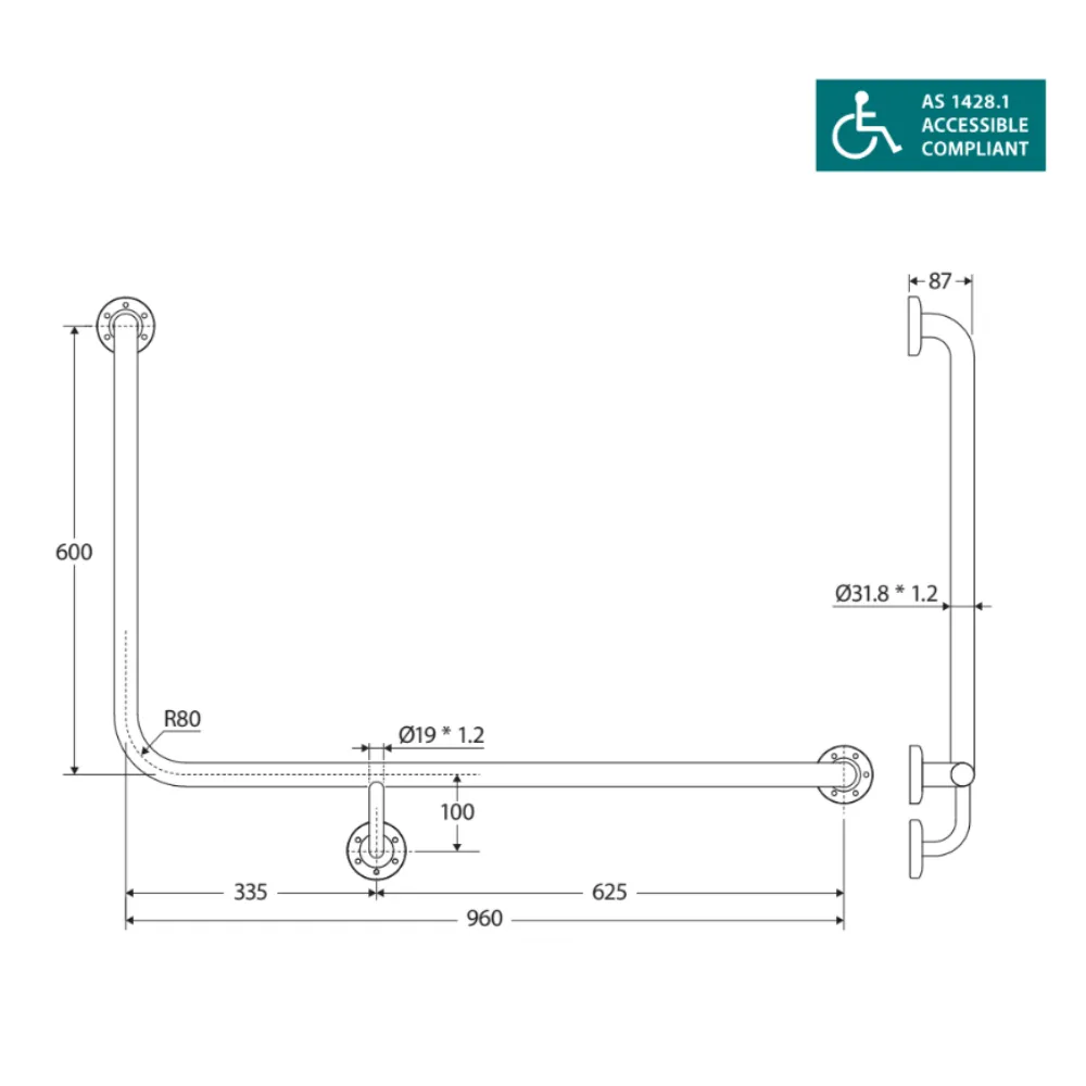 Fienza GRAB9660R 90° 960x600mm Stainless Steel Right Hand Grab Rail for Bathroom Safety - ADA Compliant Shower & Toilet Support Bar for Elderly and Disabled