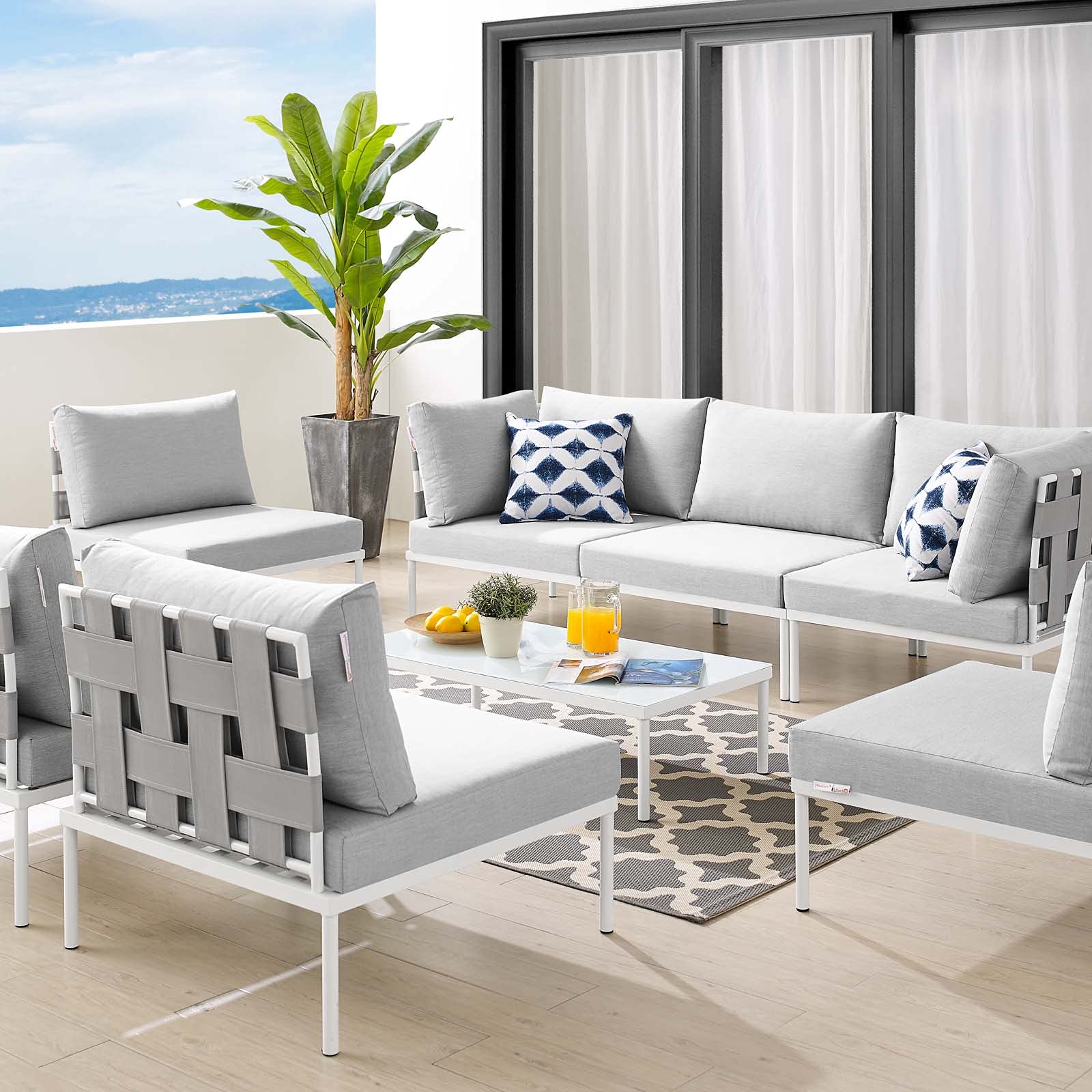 Modern Aluminum Grey Lounge Sectional Sofa Set with Chair & Table - Outdoor Patio, Garden, Cafe, Poolside Relaxation Furniture