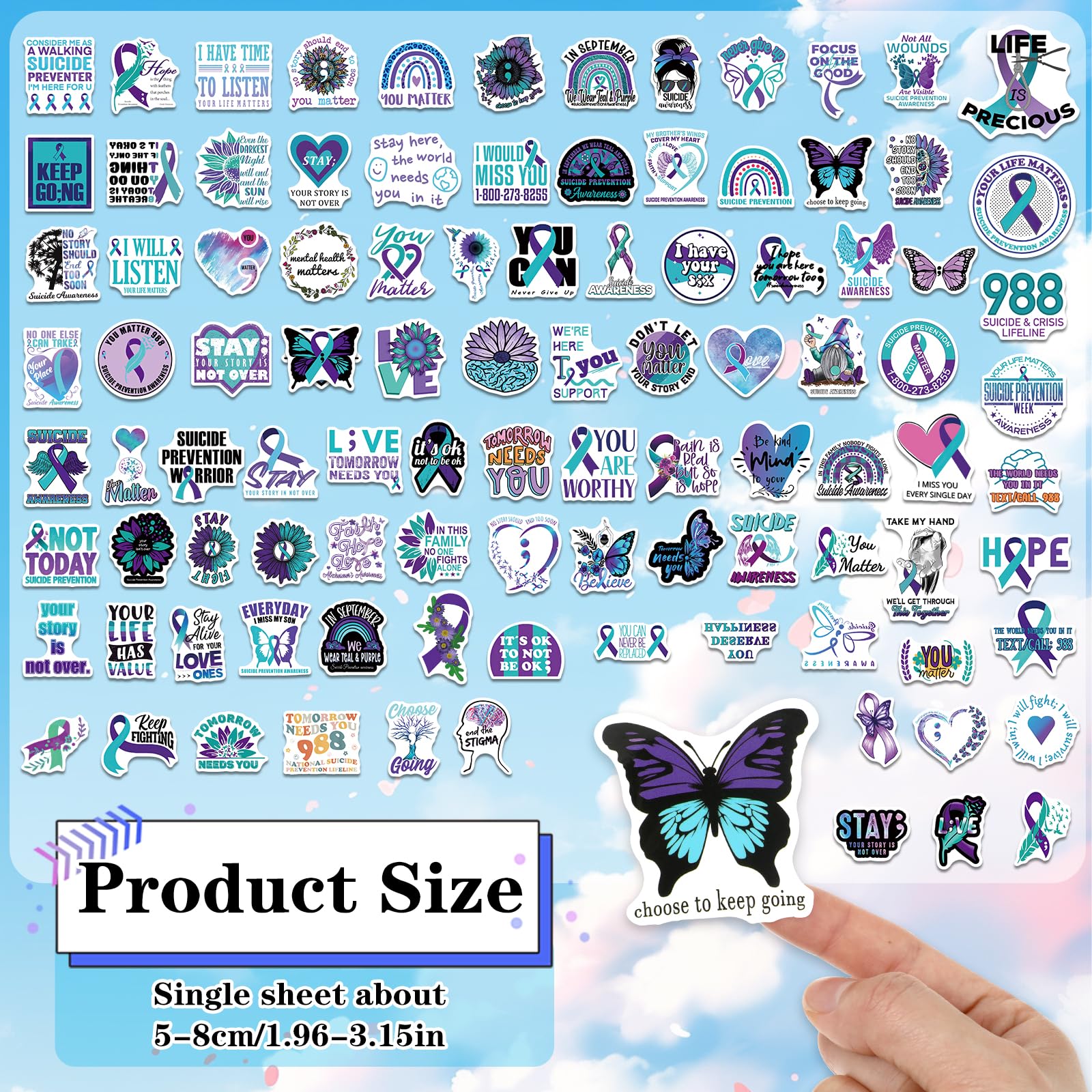 100Pcs Suicide Prevention Stickers - Motivational Mental Health Awareness Decals for Water Bottles, Laptops, Journals - Waterproof Self-Adhesive Inspirational Stickers for Adults & Teens - Perfect for School, Work, Therapy & Daily Encouragement