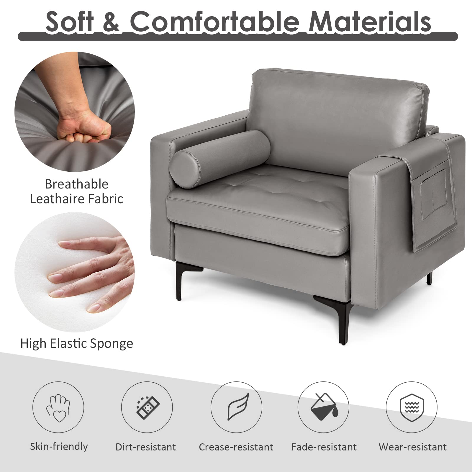 Giantex Set of 2 Single Sofa Chairs with Cushion & Bolster, Upholstered Armchairs with Magazine Pockets - Dark Grey Living Room Furniture for Bedroom, Reception & Leisure Spaces