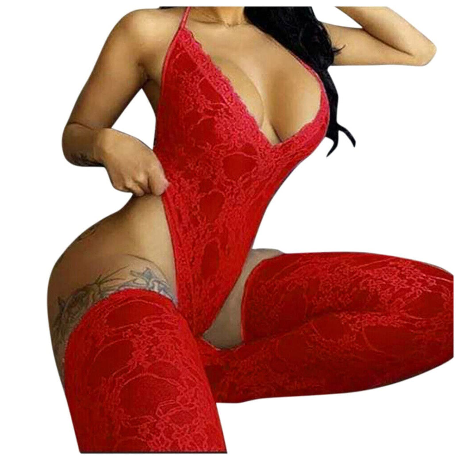 Sexy Lace Lingerie Set for Women - Backless V-Neck Jumpsuit Pajamas with Stockings (Red, Size L) | Perfect for Valentine's Day, Bridal Shower & Romantic Nights