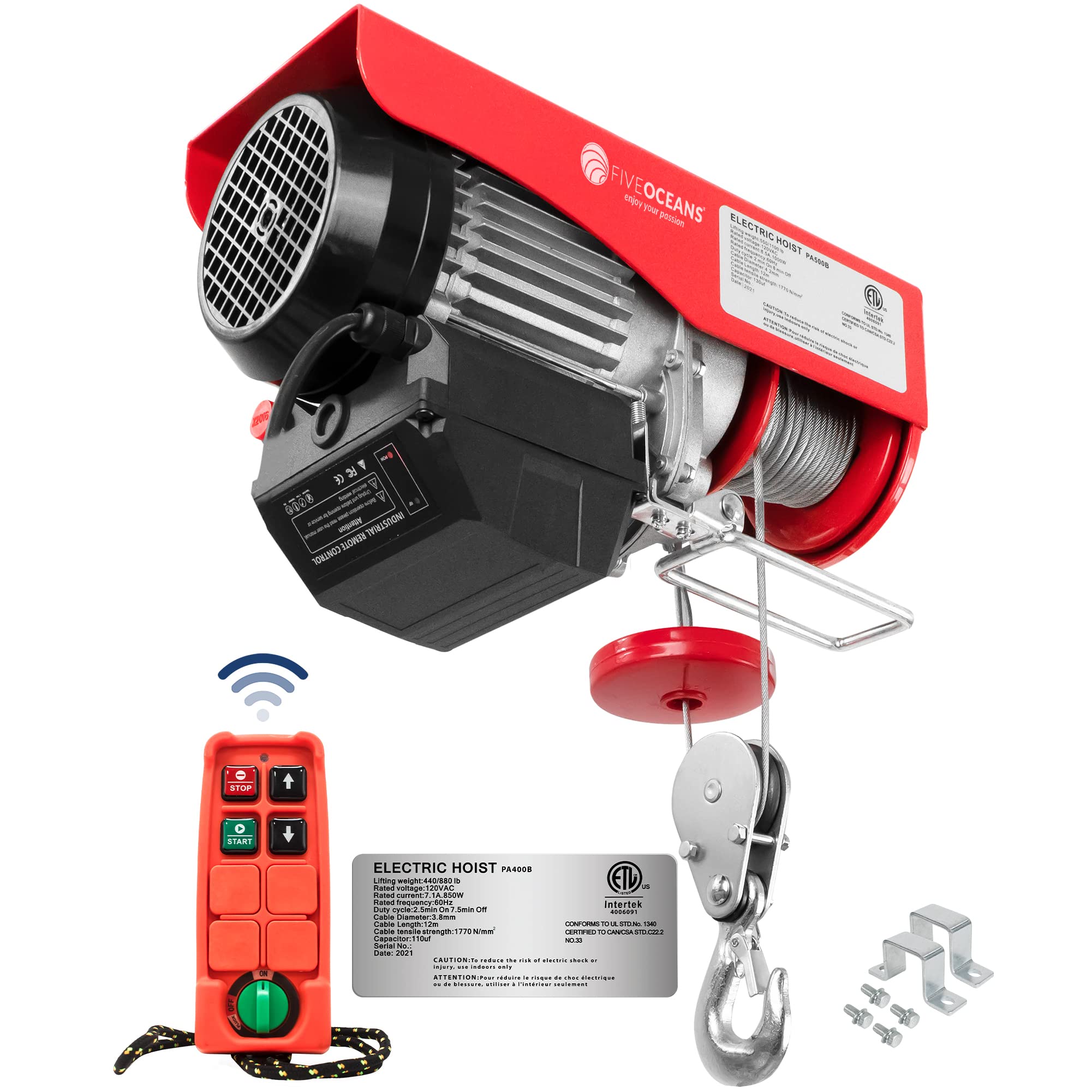 Five Oceans 880 Lb Electric Hoist with Wireless Remote Control - 110V Heavy Duty Winch & Pulley System for Garage, Workshop, Construction, and Industrial Lifting