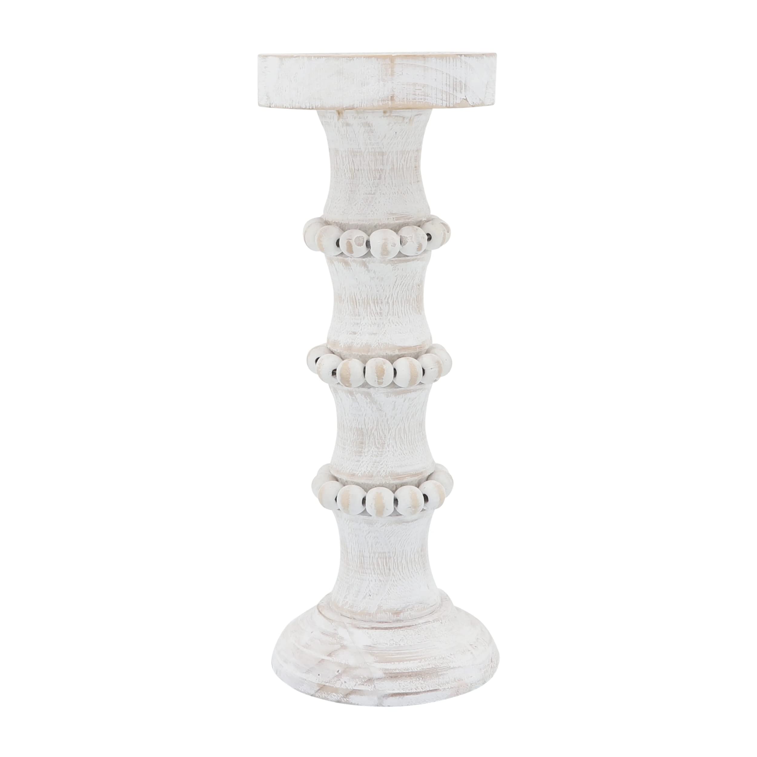 Distressed White Antique-Style Wood Candle Holder - 13