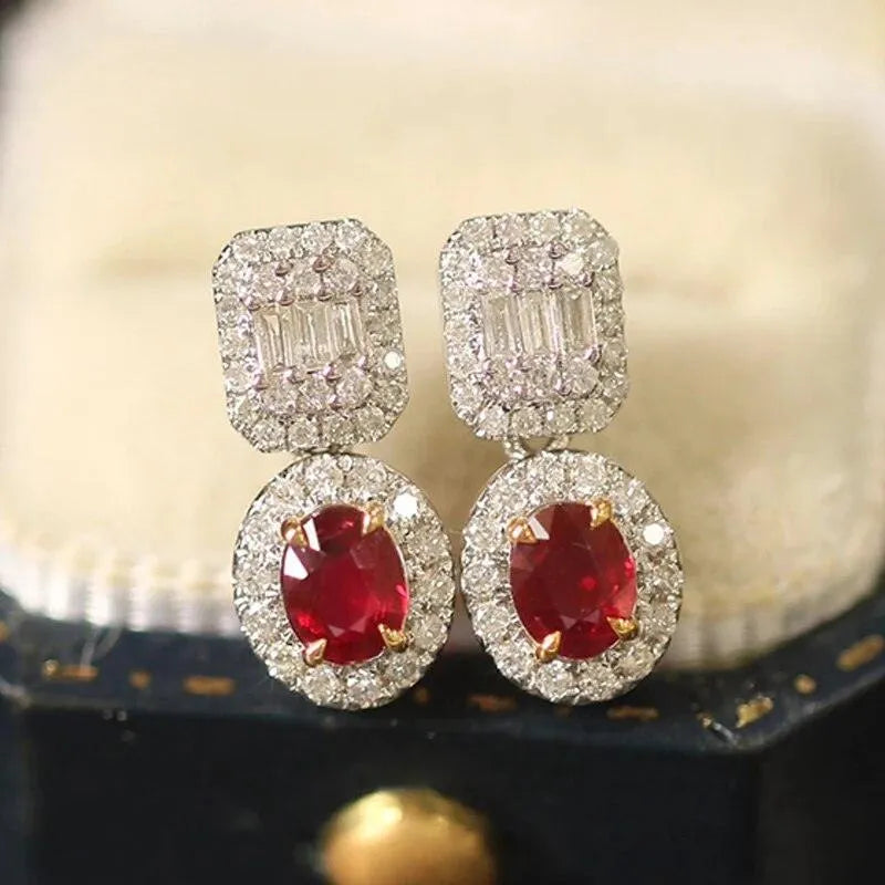18K White & Yellow Gold Ruby Earrings for Women – Oval T-Square Diamond Jewelry – Perfect for Weddings, Anniversaries & Special Occasions