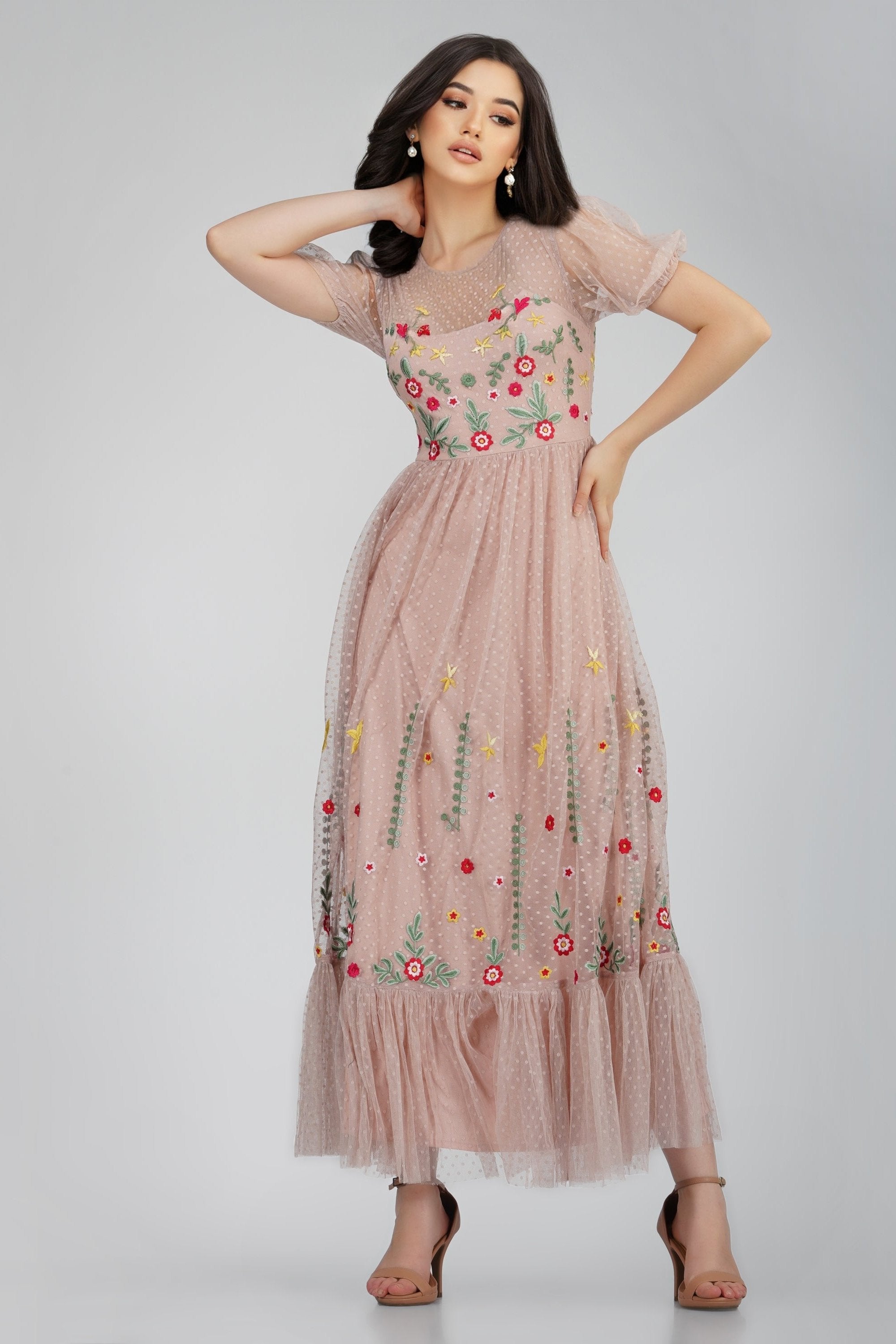 Azalea Dusty Pink Embroidered Floral Summer Dress for Women - Elegant Boho Maxi Dress for Beach, Wedding & Special Occasions
