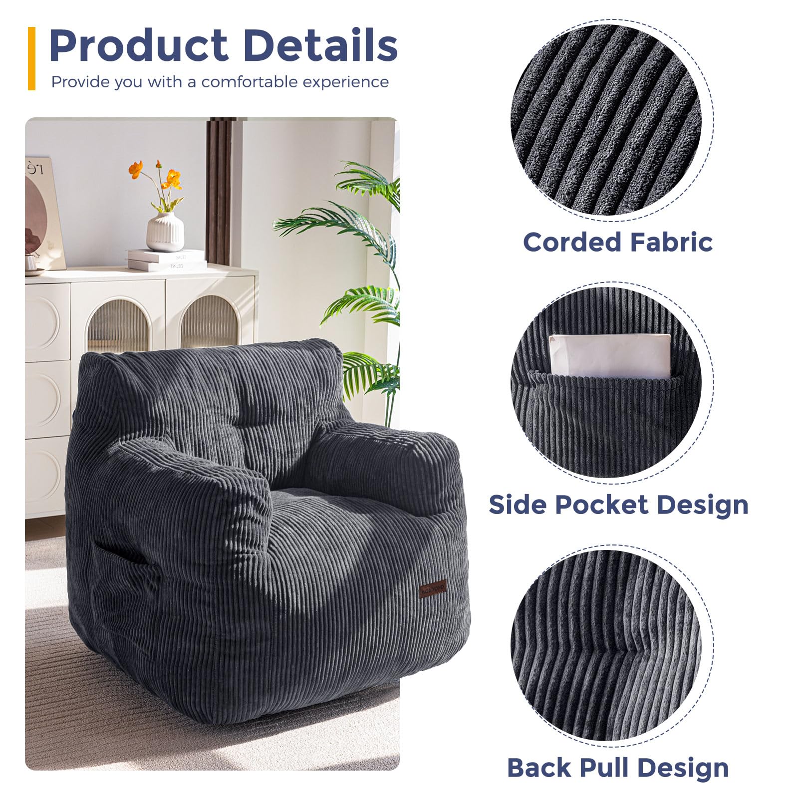 MAXYOYO Tufted Corduroy Bean Bag Chair with Filler - Oversized Lazy Sofa for Adults & Teens, Dark Grey - Perfect for Living Room, Bedroom & Game Room Relaxation