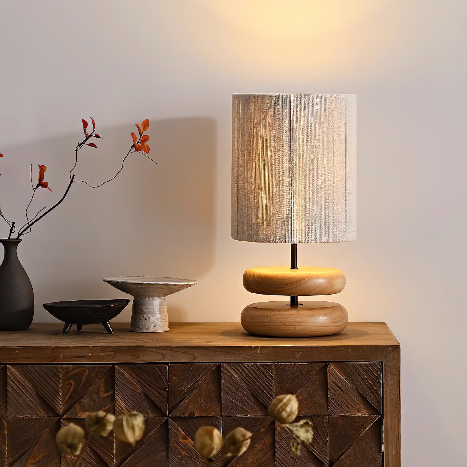 Modern Nora Wood Table Lamp - Handcrafted Solid Wood Nightstand Lamp with Fabric Shade for Bedroom, Living Room, Office - Warm Ambient Lighting for Home Decor