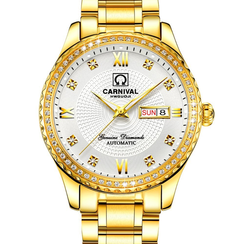 Luxury Swiss Made Men's Gold Watch - Automatic Analog Display with Calendar, Week Indicator & Luminous Hands - Stainless Steel Diamond Watch (White) - Perfect for Business, Formal Events & Special Occasions