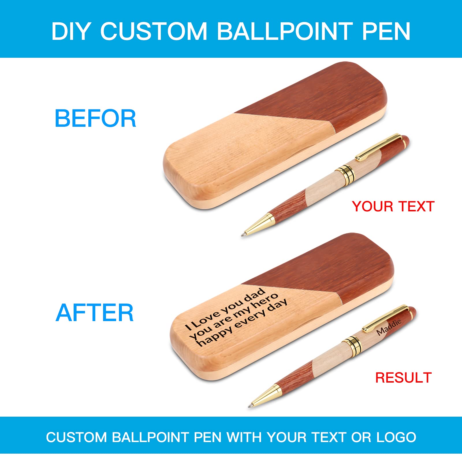 Premium Custom Engraved Luxury Wooden Ballpoint Pen Gift Set - Executive Business Pen with Case, Gel Ink Refills & Elegant Display Box (6.69 x 2.28in Case, 5.78in Pen) - Perfect for Corporate Gifts, Graduation Presents & Executive Writing Accessories