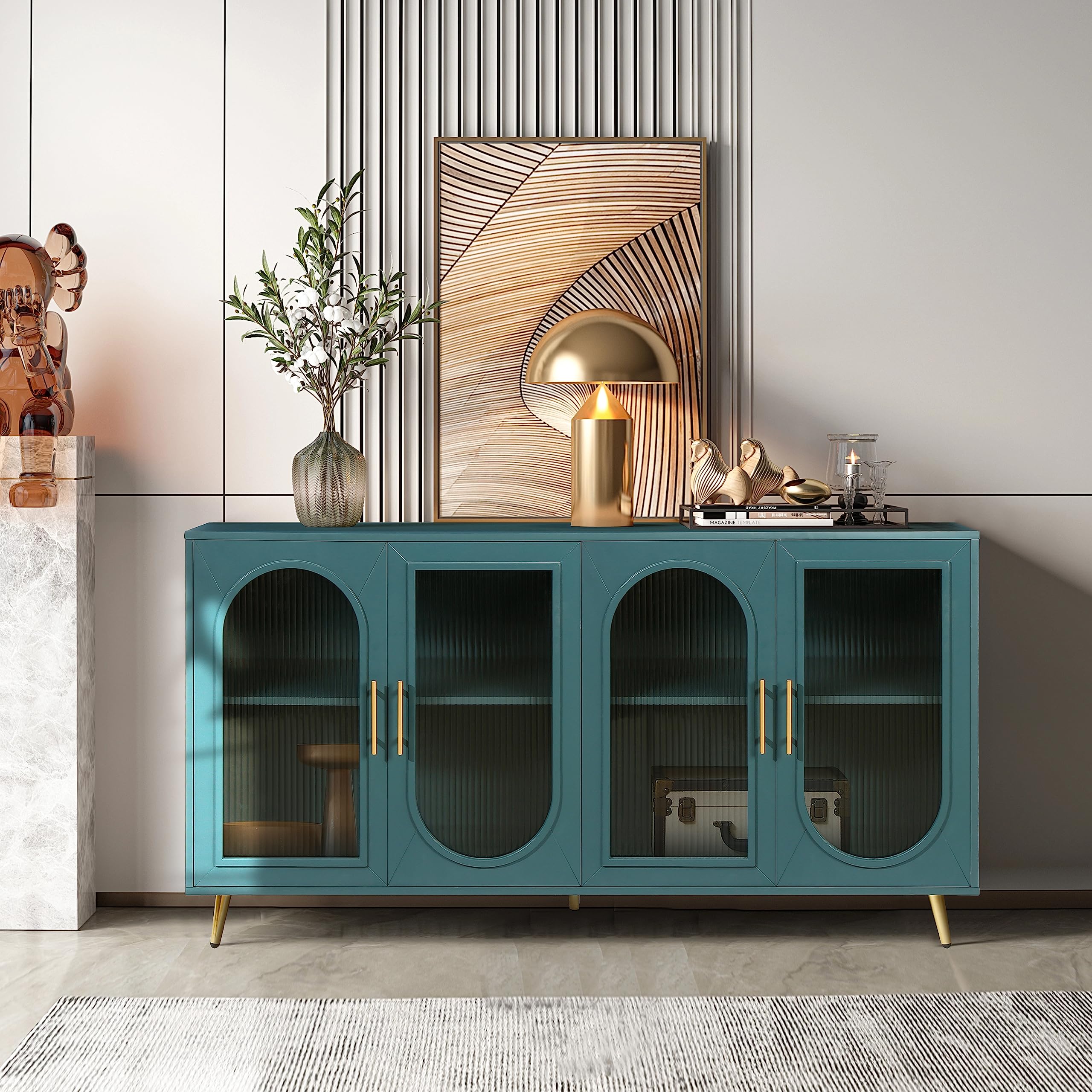Antique Blue Buffet Sideboard Cabinet with Glass Doors - Freestanding Storage Cabinet for Dining Room, Living Room & Entryway | Large Kitchen Console Table for Home Decor & Organization